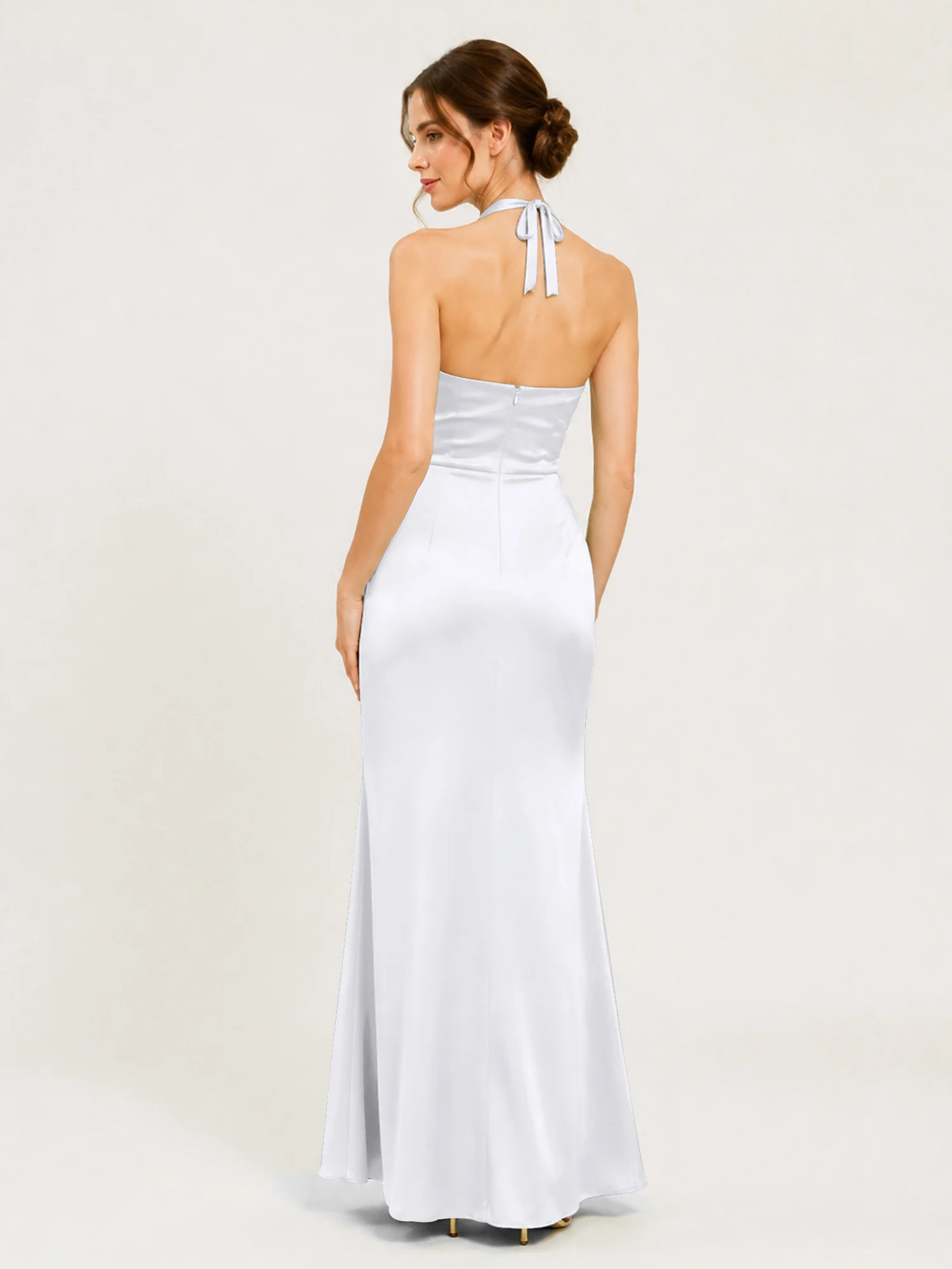 Halter Neck Satin Gown with Twisted Knot Waist Detail White - Image 2