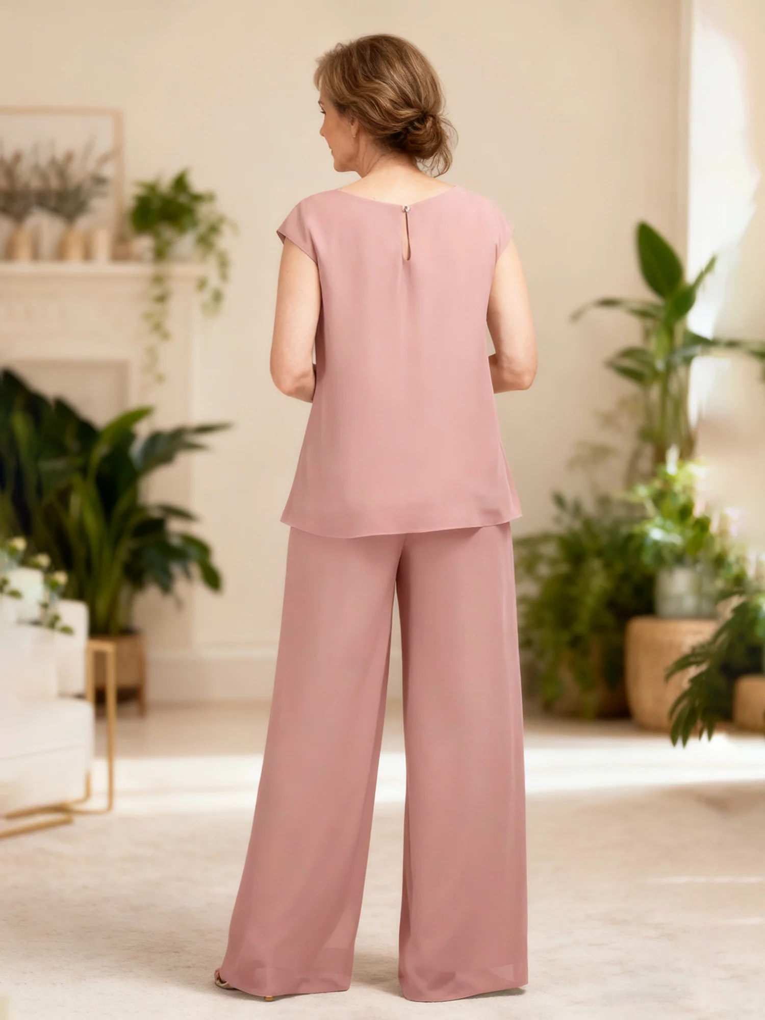 Chiffon Cap Sleeve Tunic and Wide Leg Pant Set Dusty Rose - Image 2