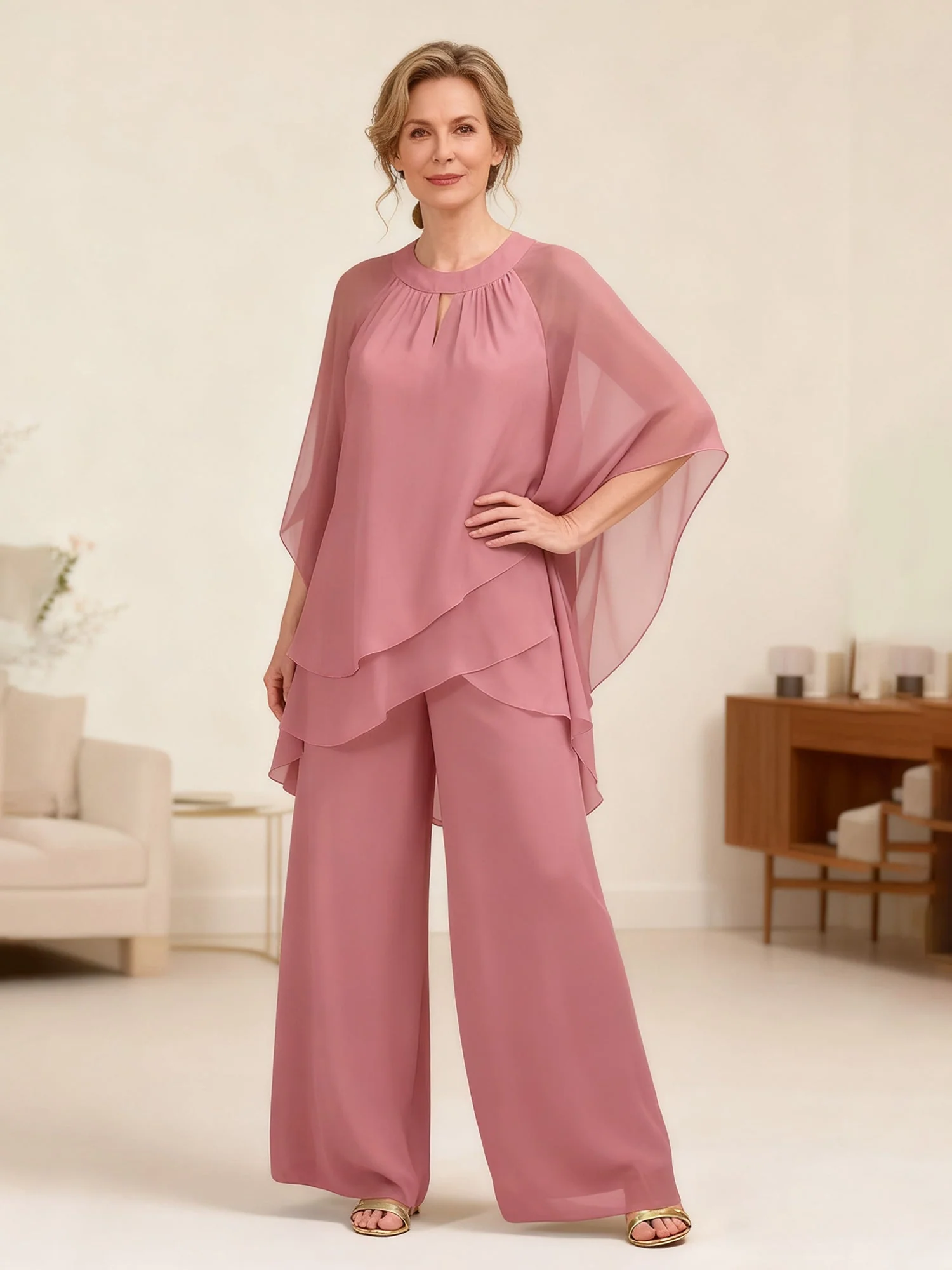 Layered Chiffon Poncho Top and Wide Leg Pant Suit Dark Green
