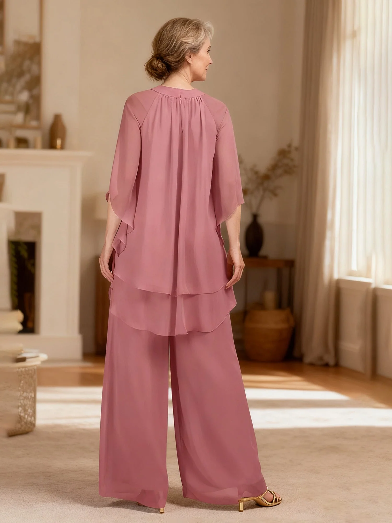 Layered Chiffon Poncho Top and Wide Leg Pant Suit Dusty Sage - Image 2