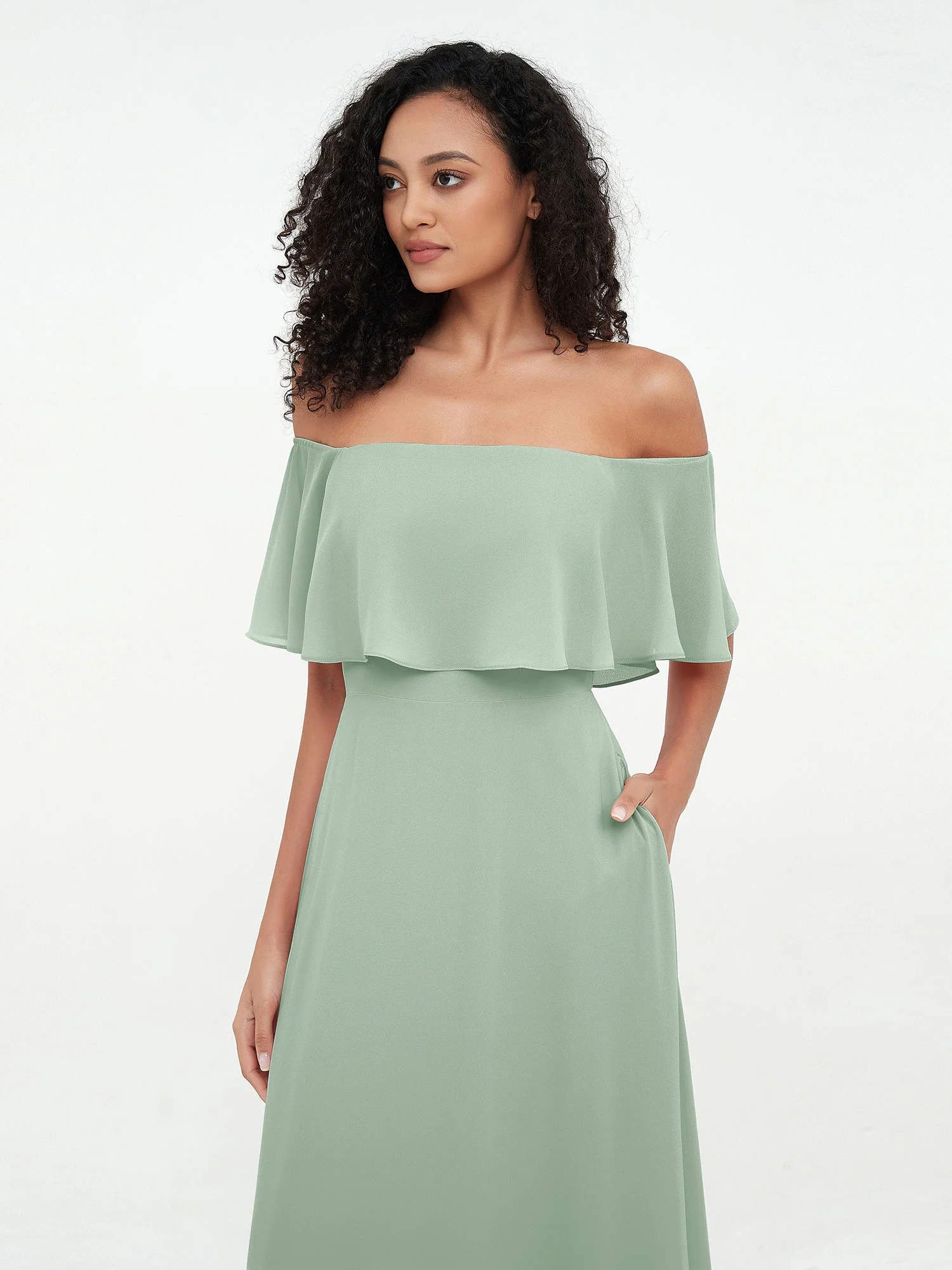 Off Shoulder Chiffon Tiered Skirt Max Dresses-Agave - Image 5