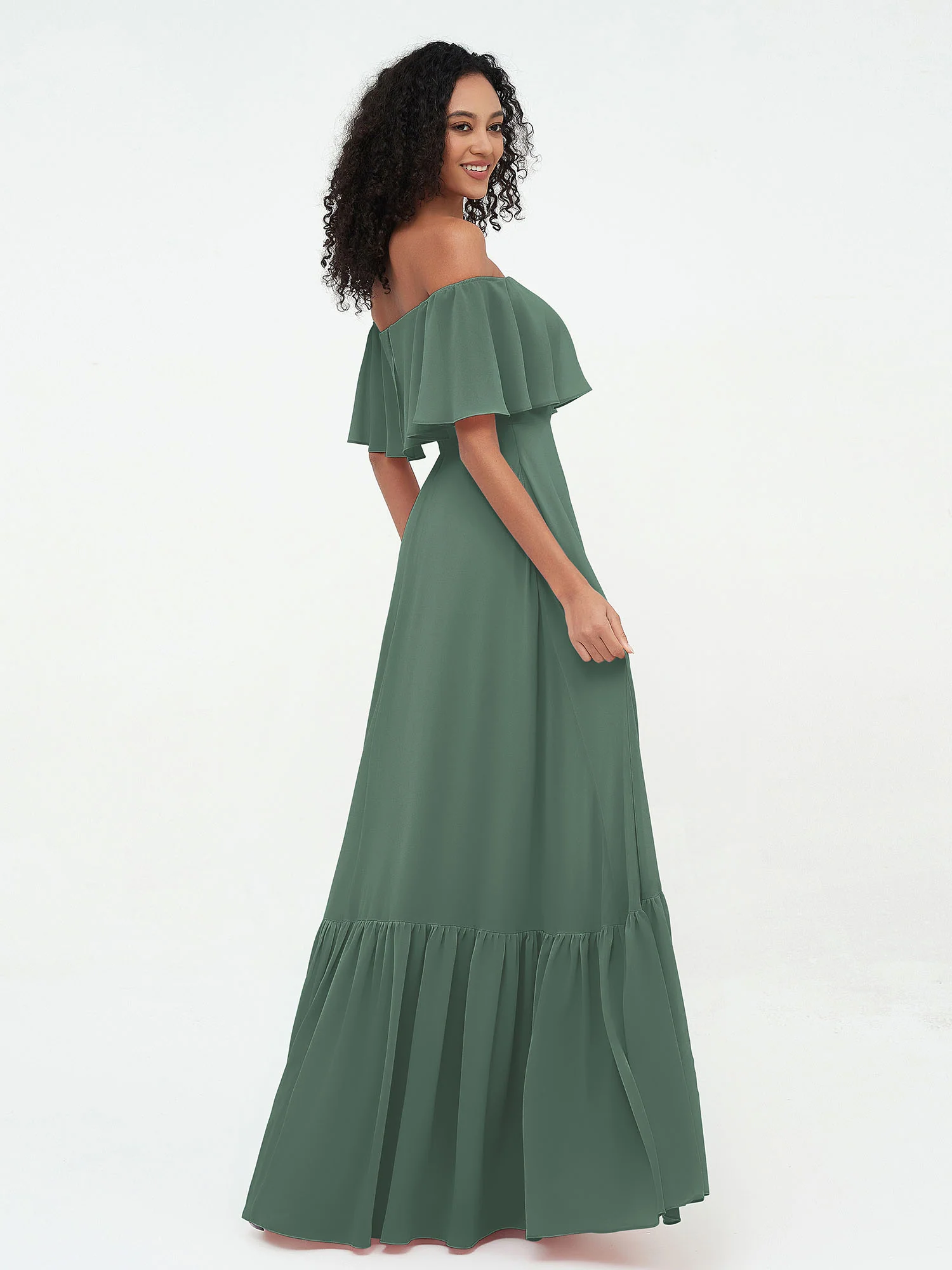 Off Shoulder Chiffon Tiered Skirt Max Dresses-Eucalyptus - Image 3