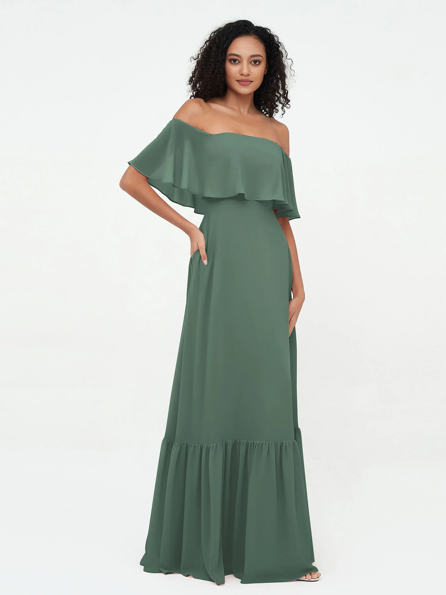Off Shoulder Chiffon Tiered Skirt Max Dresses-Eucalyptus - Image 4