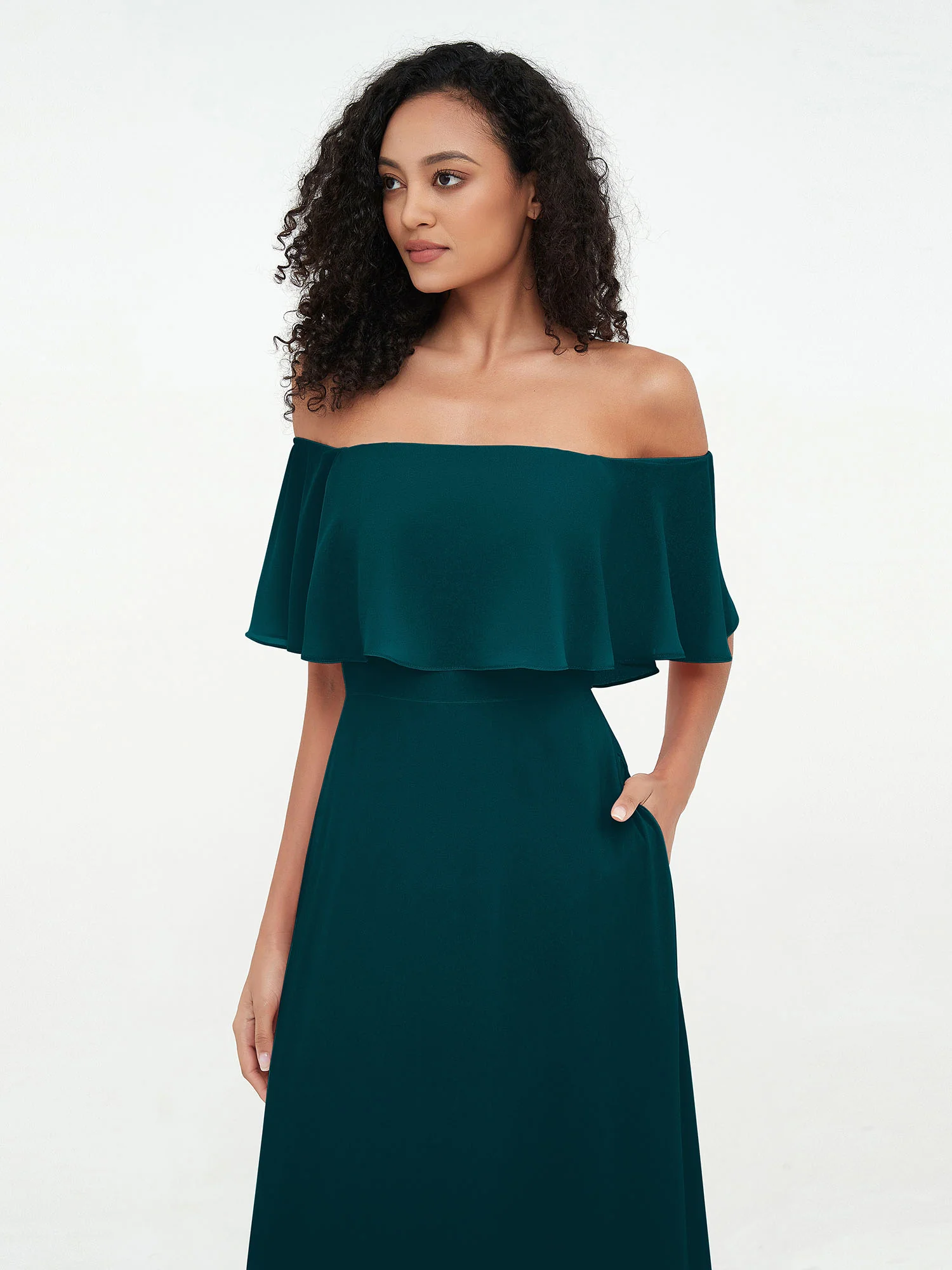 Off Shoulder Chiffon Tiered Skirt Max Dresses-Pine - Image 5