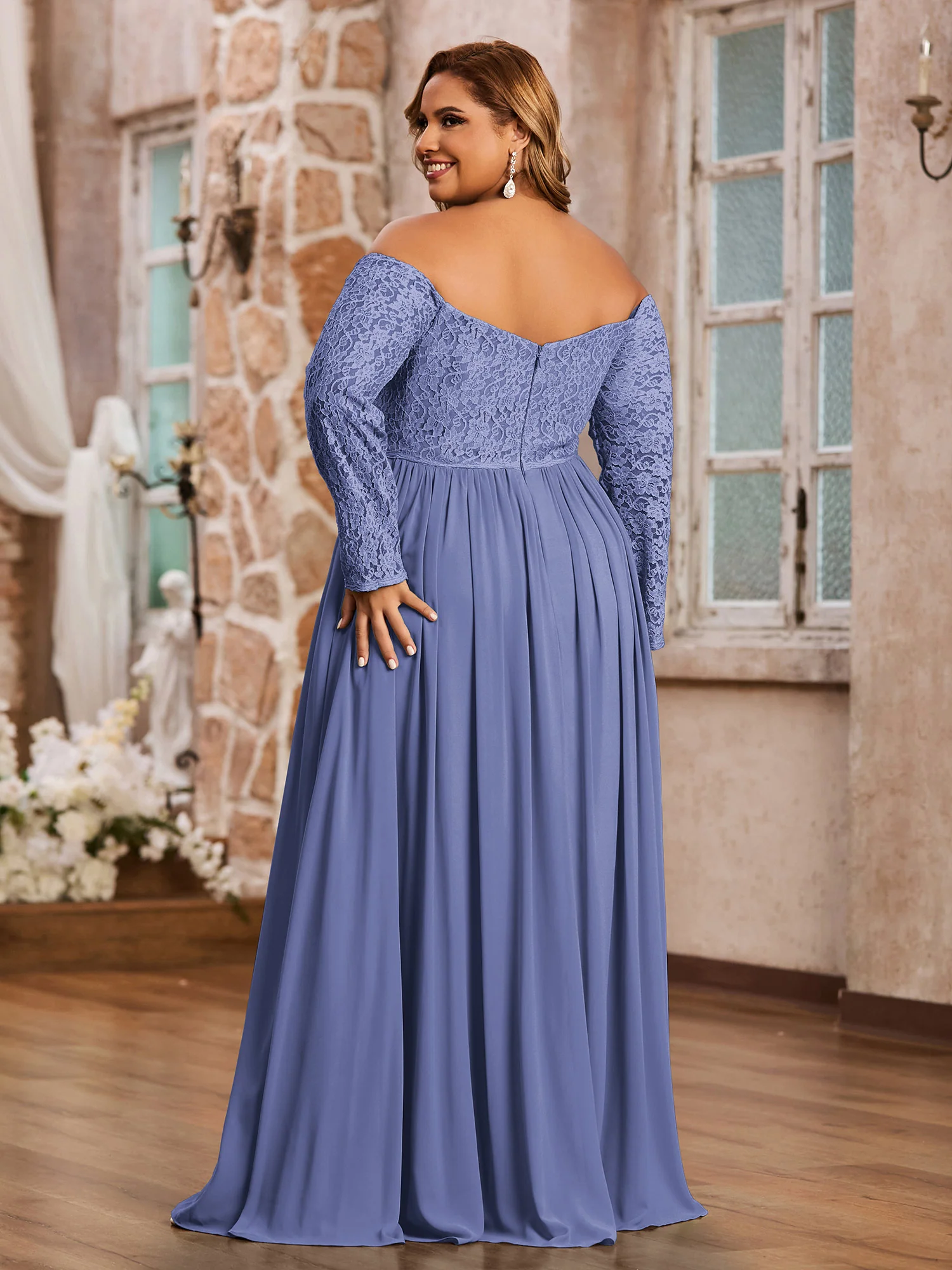 Off Shoulder Lace Top Long Sleeves Dresses-Periwinkle - Image 2