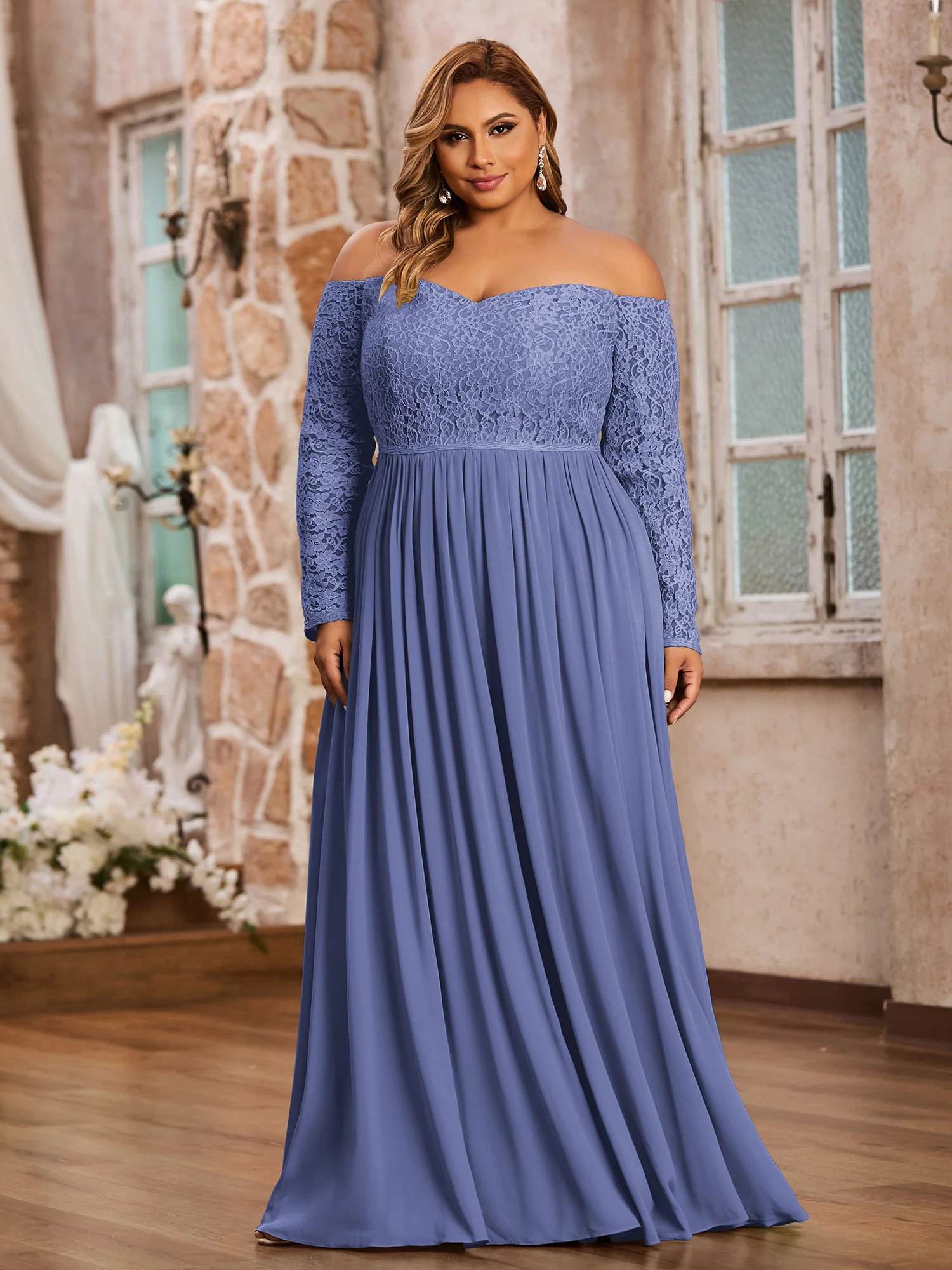 Off Shoulder Lace Top Long Sleeves Dresses-Periwinkle Plus Size