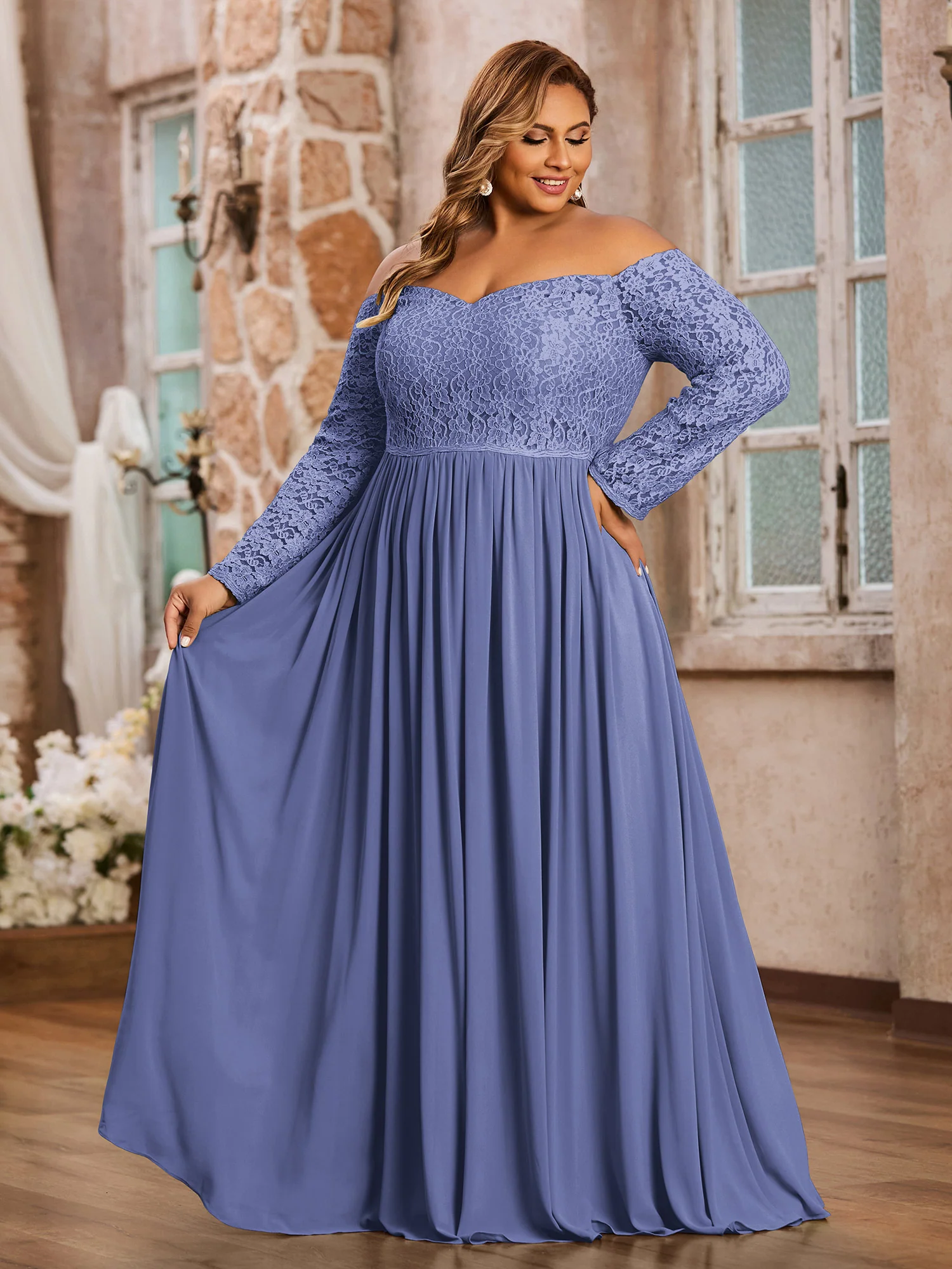 Off Shoulder Lace Top Long Sleeves Dresses-Periwinkle Plus Size - Image 3
