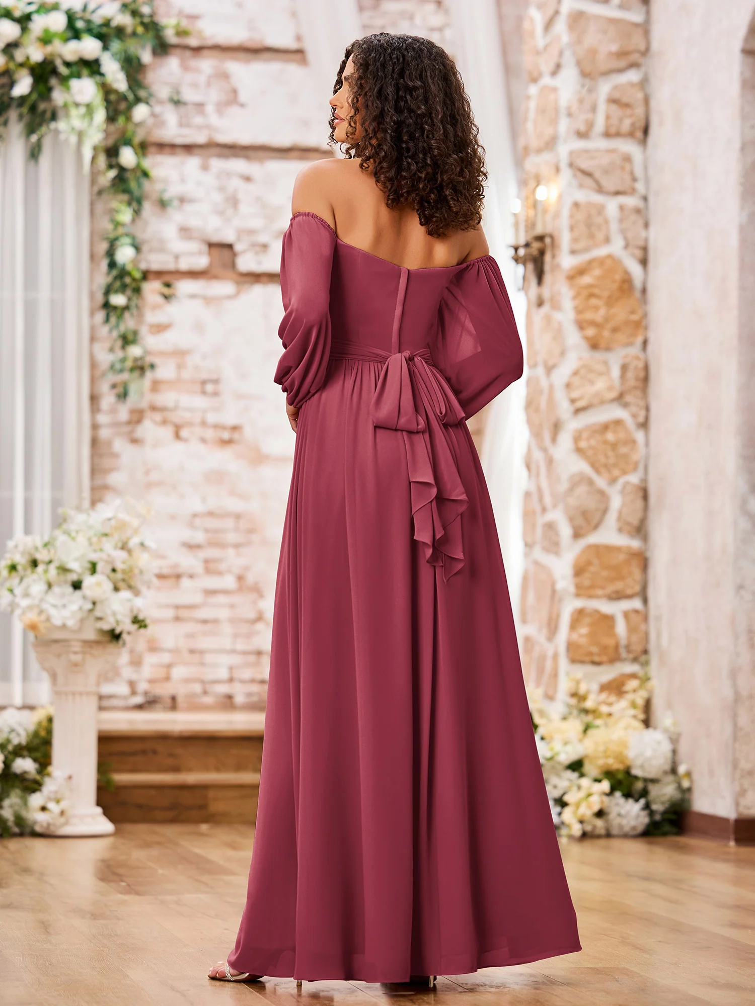Off Shoulder Long Sleeves Chiffon Dresses with Slit Cinnamon Rose - Image 2