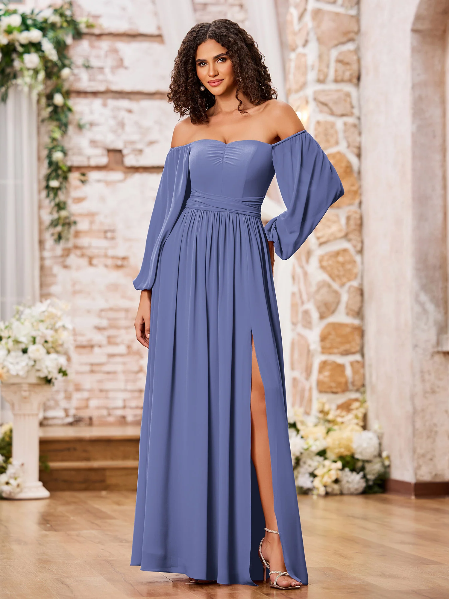 Off Shoulder Long Sleeves Chiffon Dresses with Slit Periwinkle