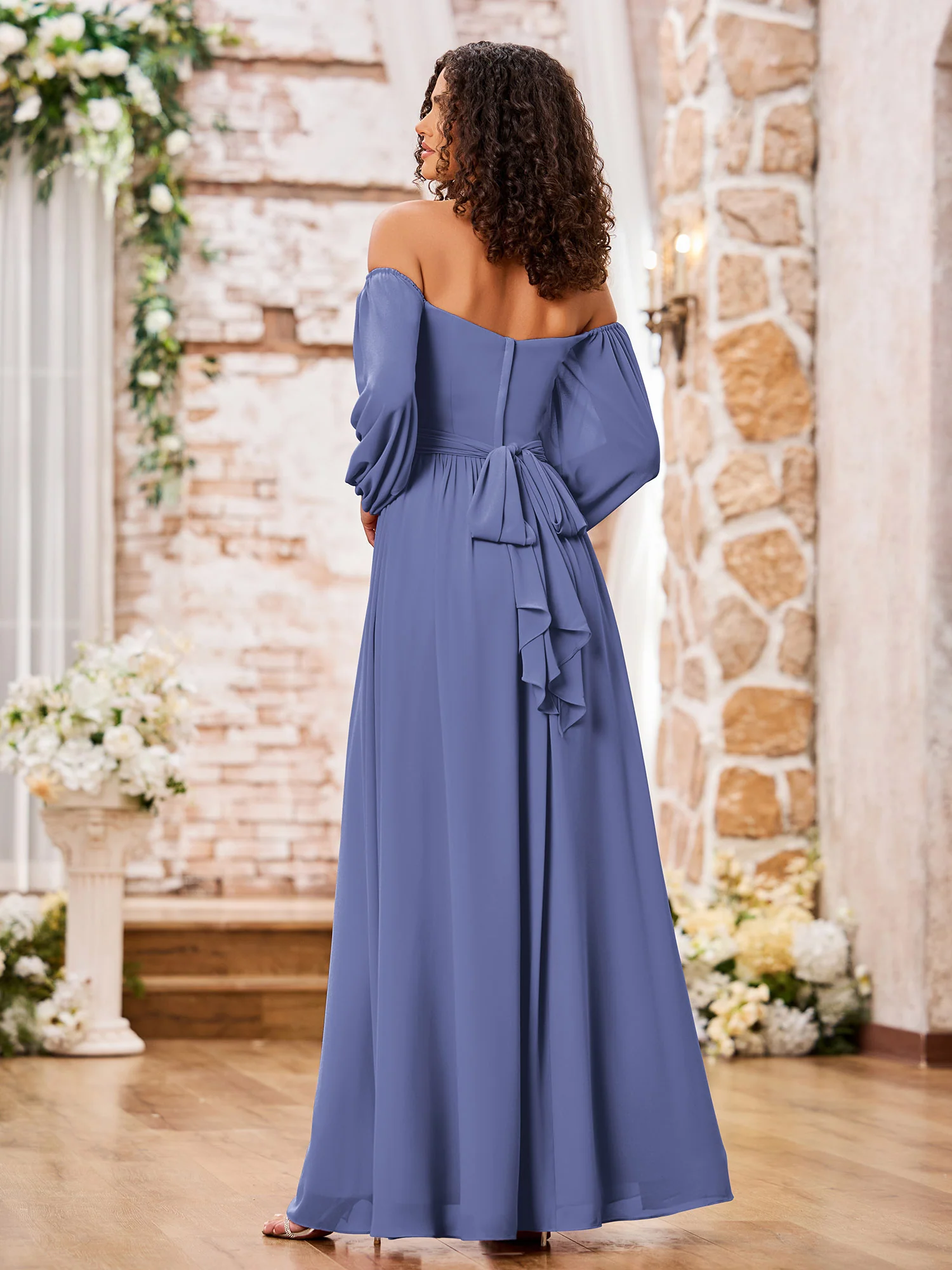 Off Shoulder Long Sleeves Chiffon Dresses with Slit Periwinkle - Image 2