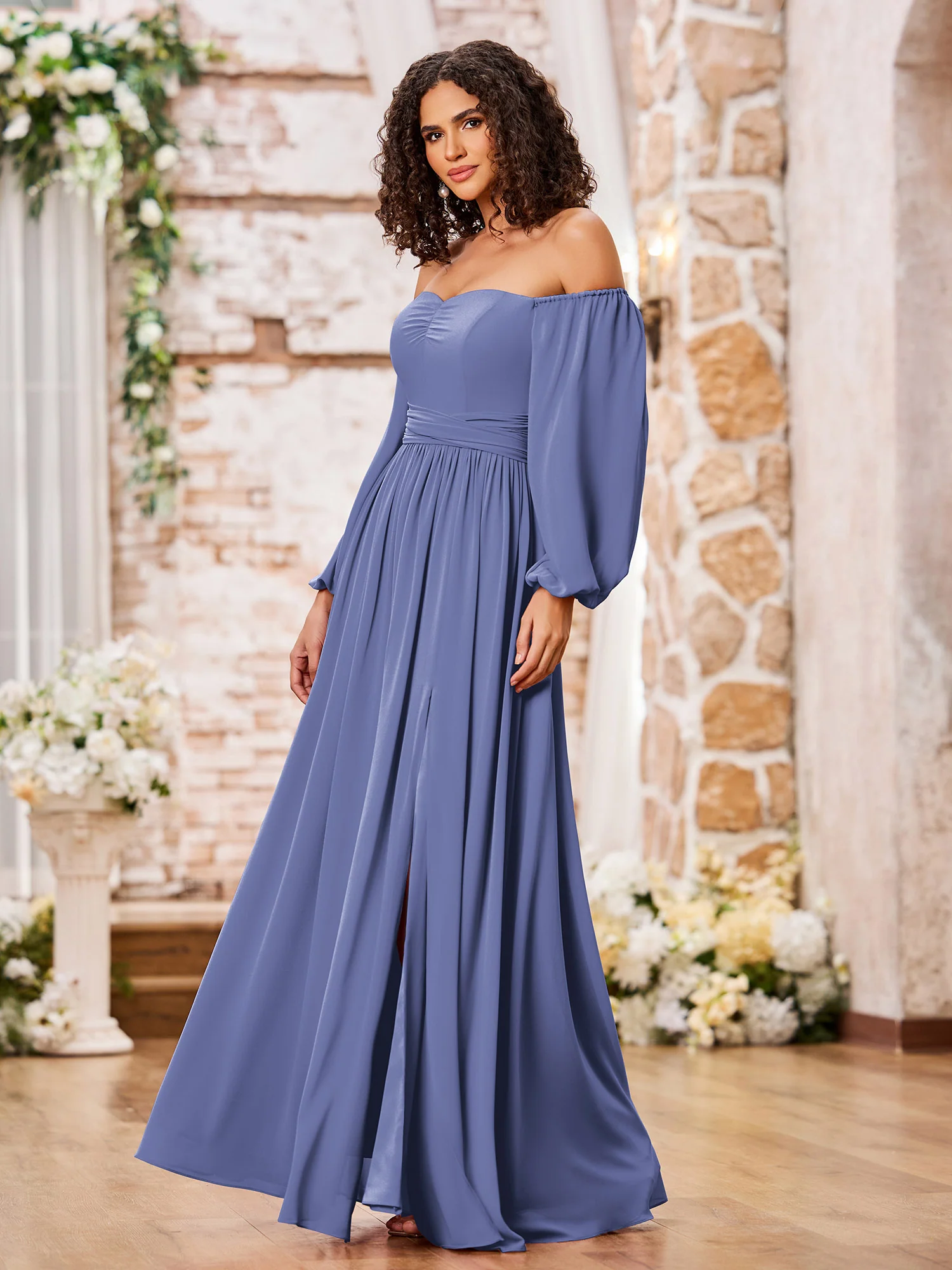 Off Shoulder Long Sleeves Chiffon Dresses with Slit Periwinkle - Image 3