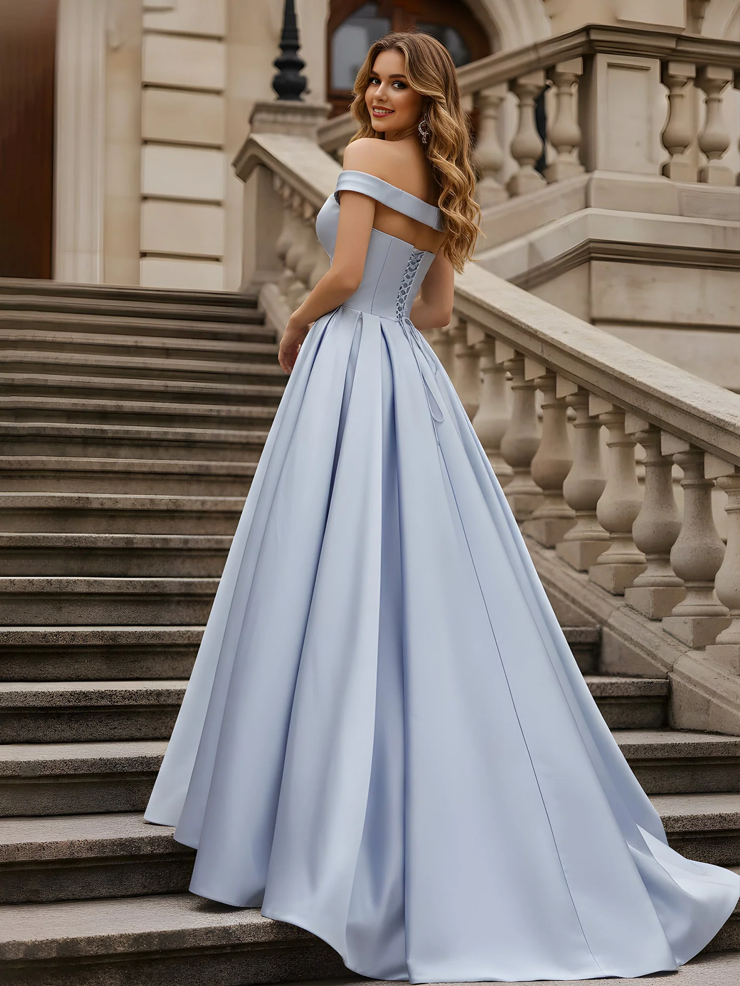 Off-Shoulder Ruched A-Line Satin Gown White - Image 2