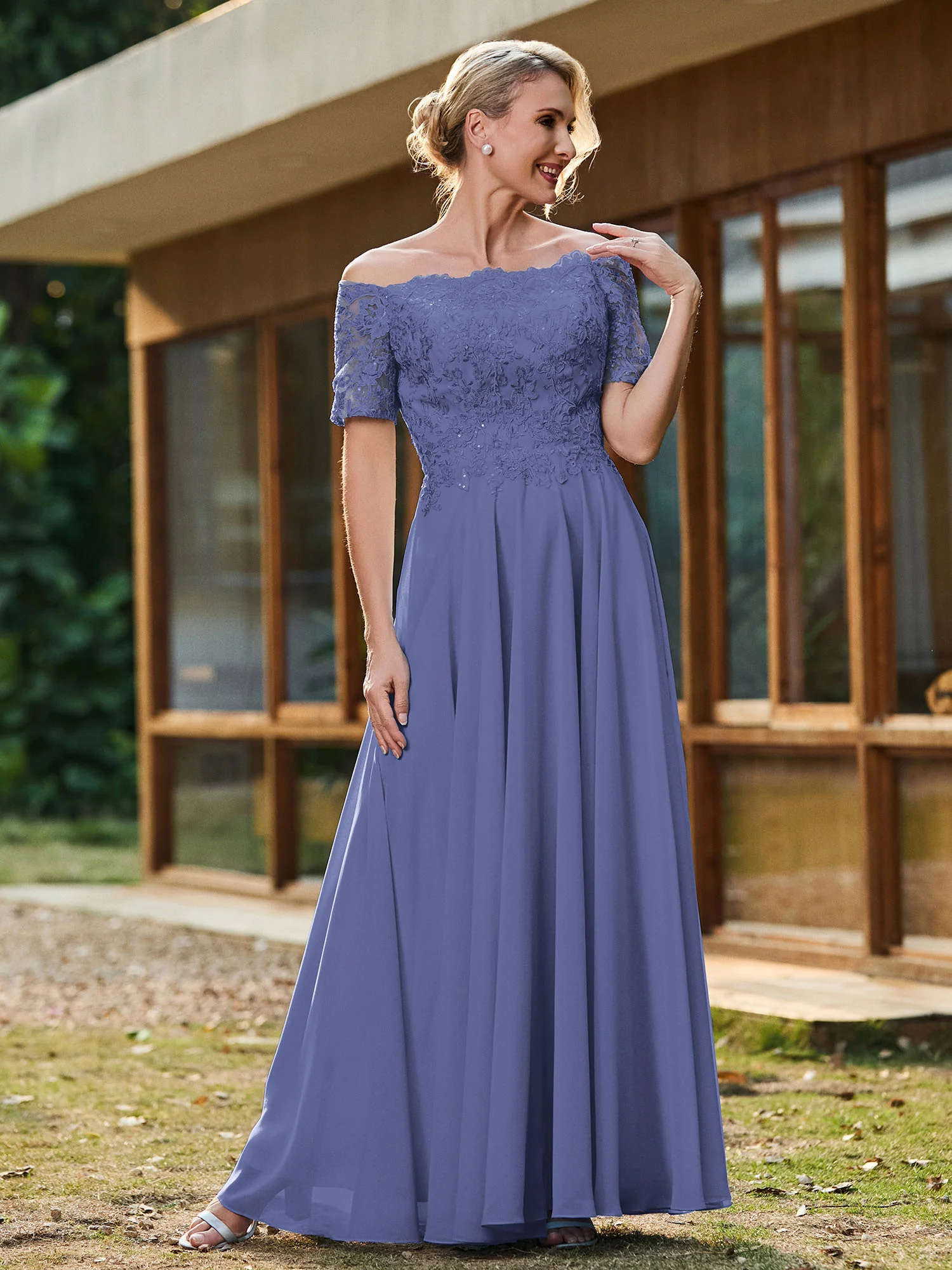 Off-shoulder Short Sleeve Lace A-line Long Gown Periwinkle