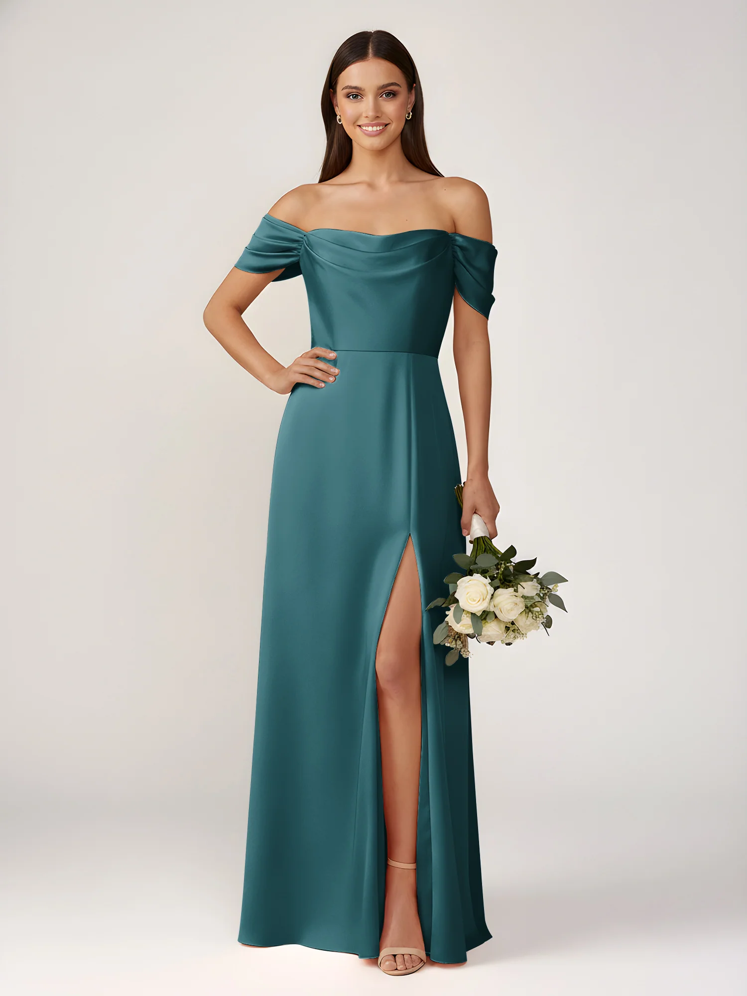 Off-The-Shoulder A-Line Floor Length Dresses With Slit Peacock