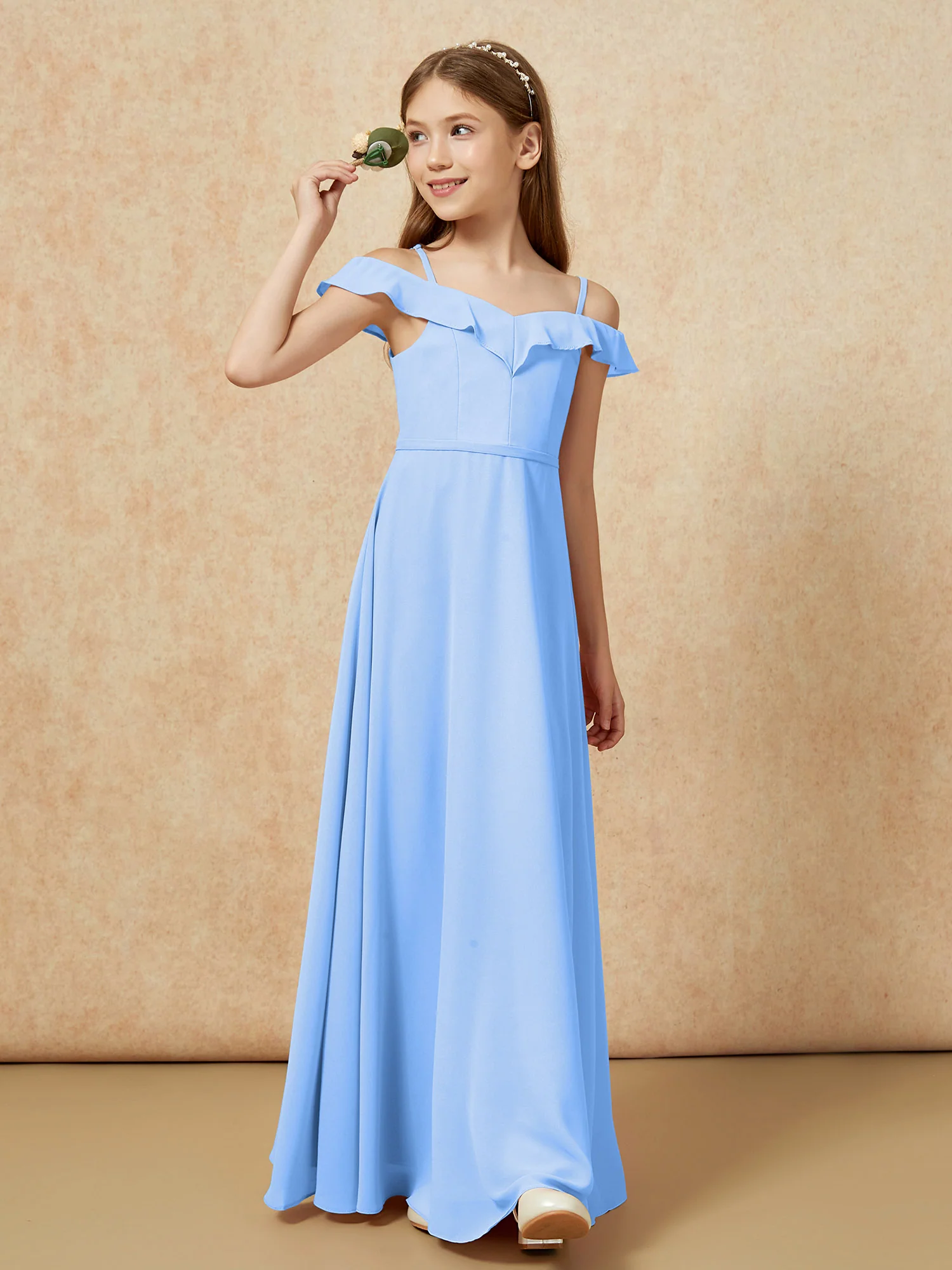 Off-the-shoulder A-Line Junior Bridesmaid Dresses Blue - Image 4