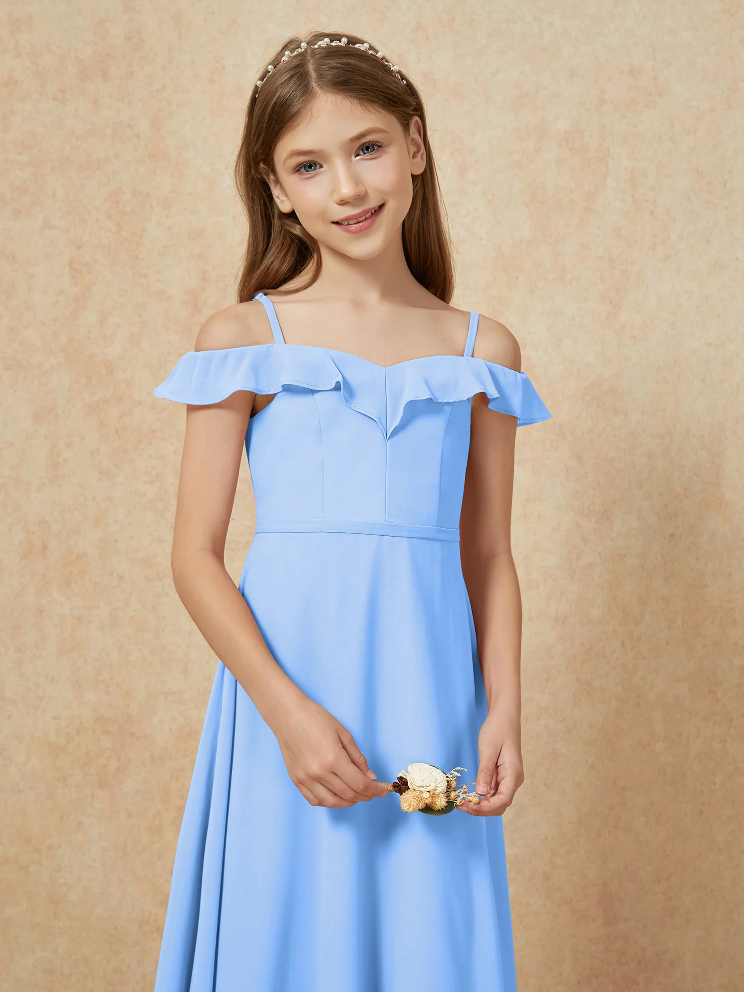Off-the-shoulder A-Line Junior Bridesmaid Dresses Blue - Image 6