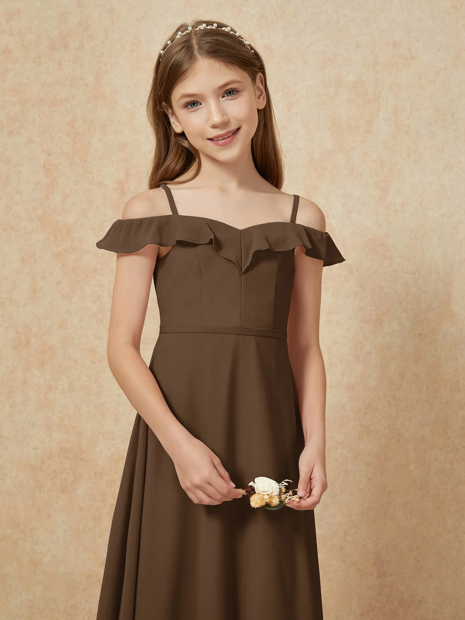 Off-the-shoulder A-Line Junior Bridesmaid Dresses Brown - Image 6