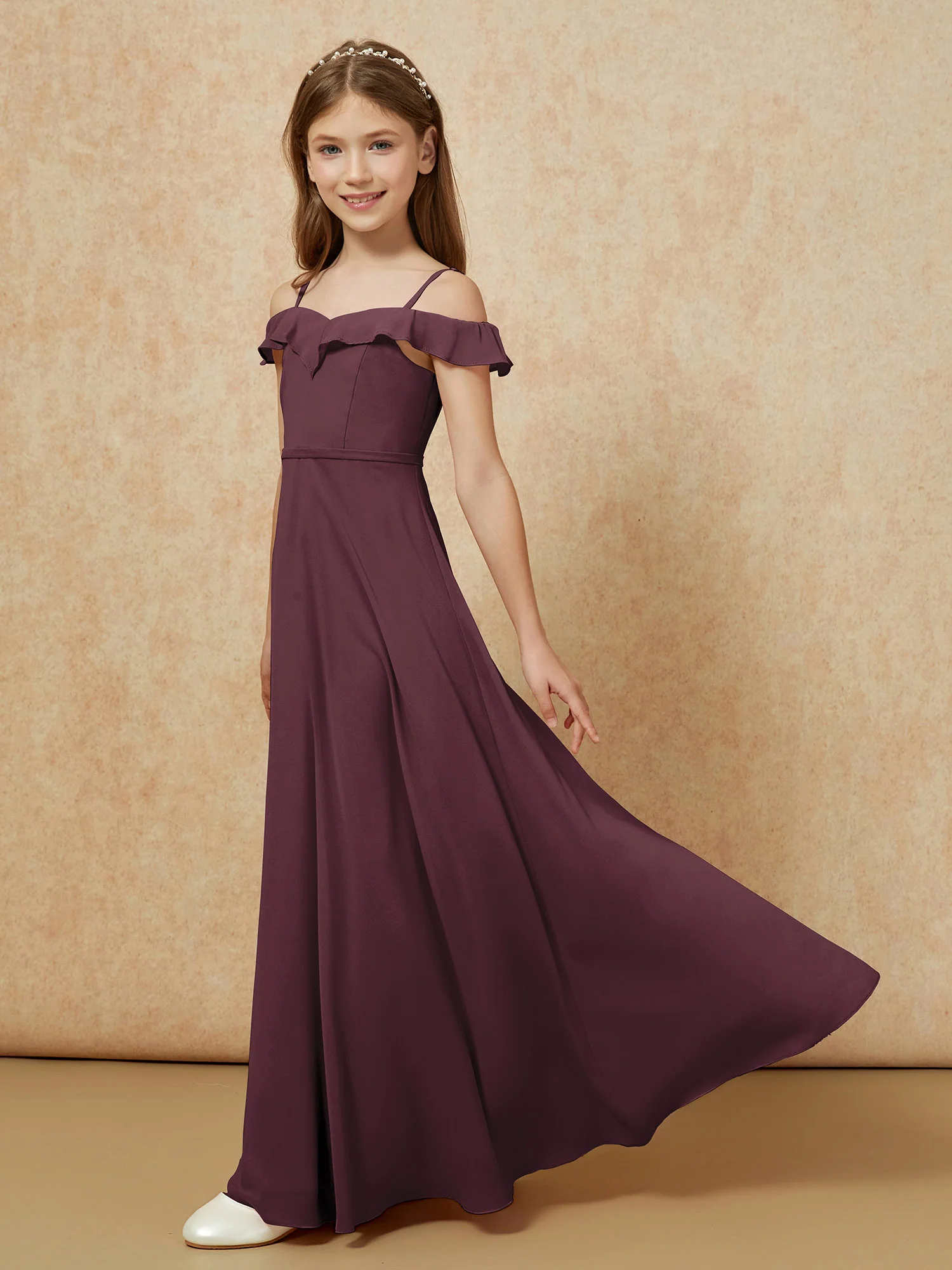 Off-the-shoulder A-Line Junior Bridesmaid Dresses Cabernet - Image 3