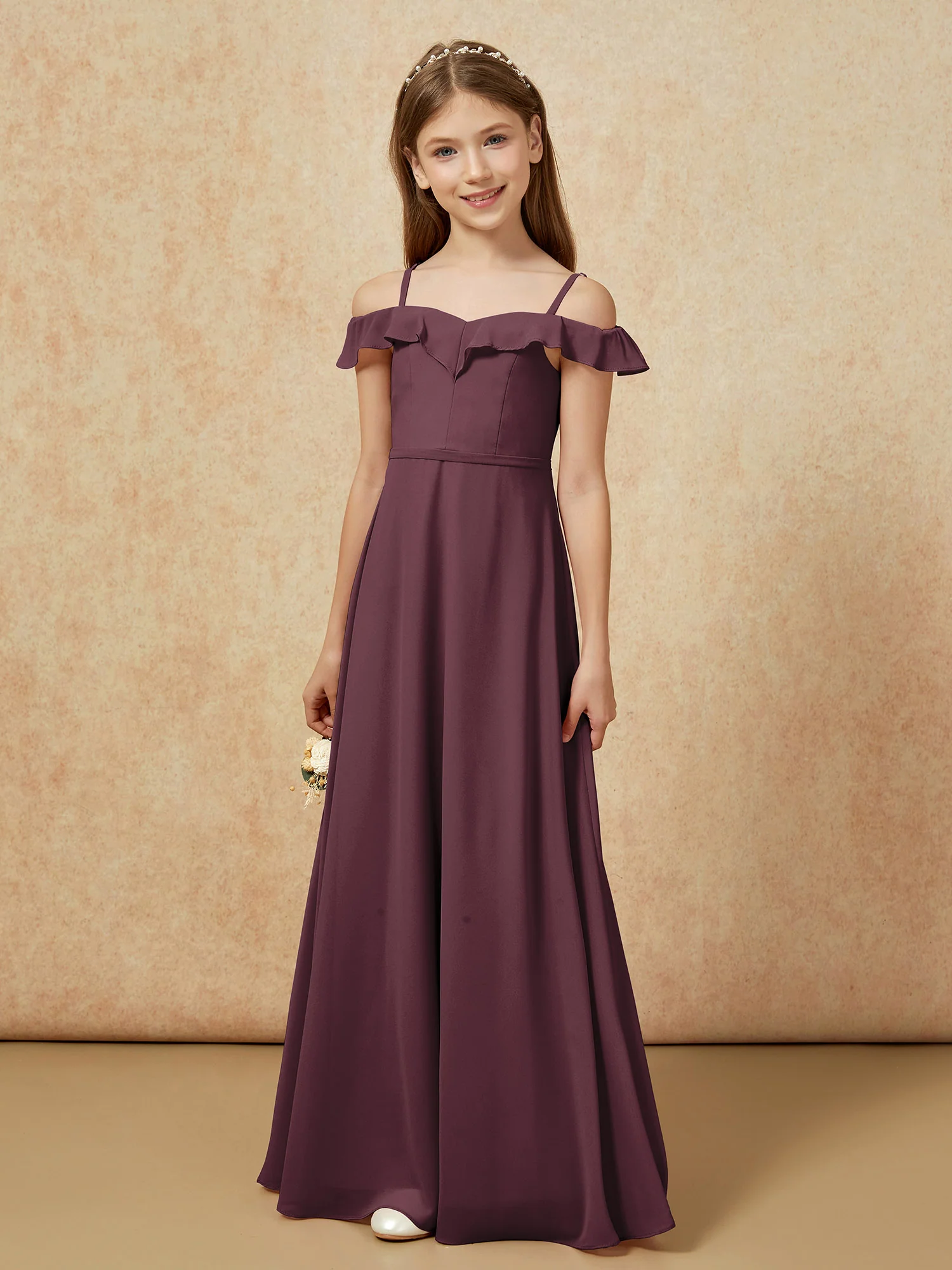 Off-the-shoulder A-Line Junior Bridesmaid Dresses Cabernet - Image 5