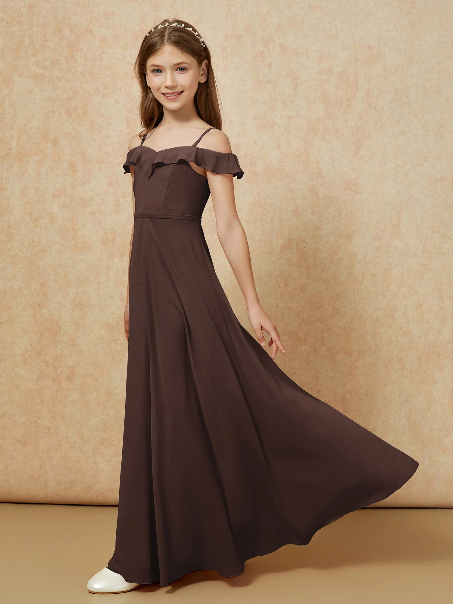 Off-the-shoulder A-Line Junior Bridesmaid Dresses Chocolate - Image 3