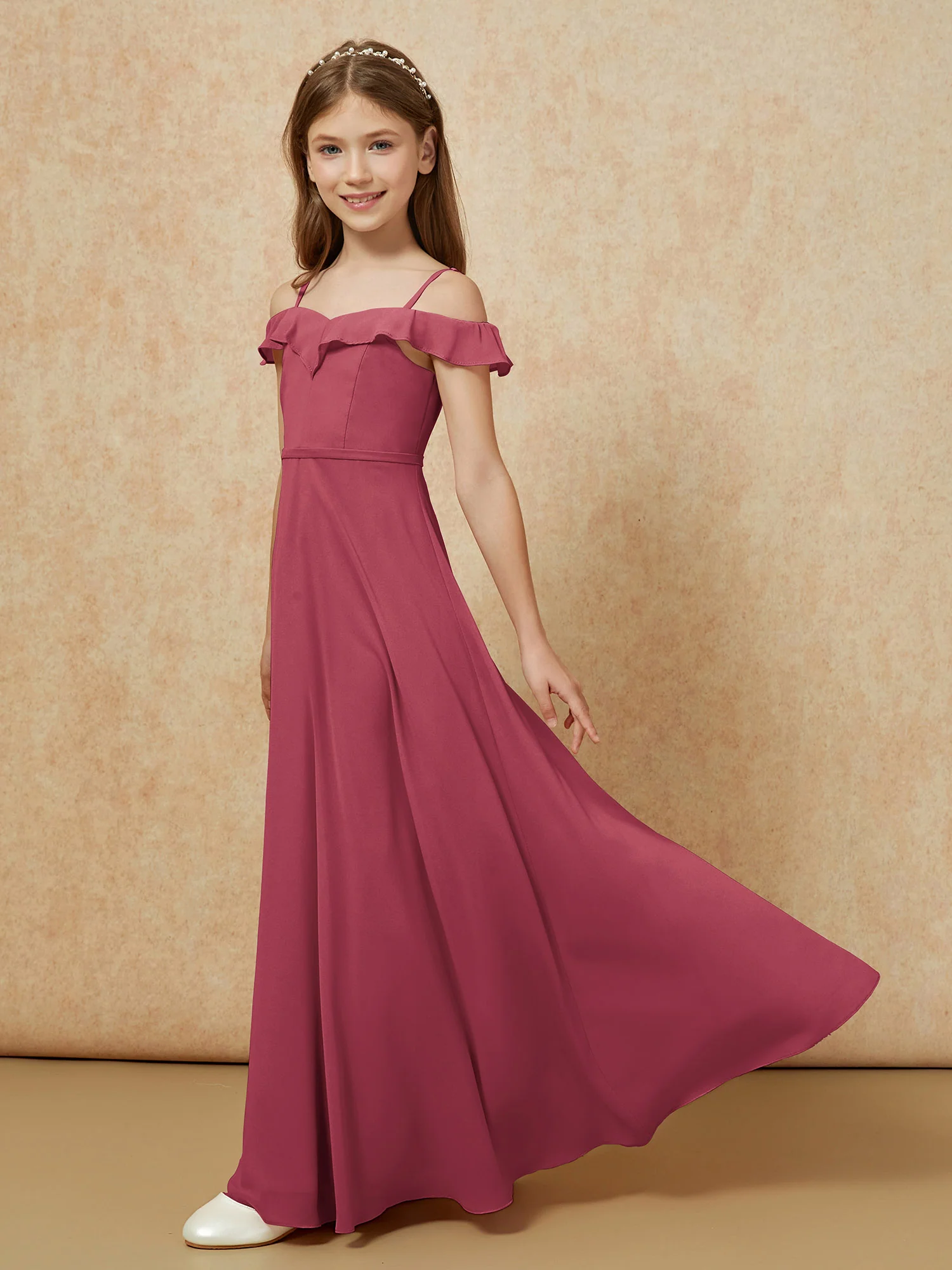 Off-the-shoulder A-Line Junior Bridesmaid Dresses Cinnamon Rose - Image 3