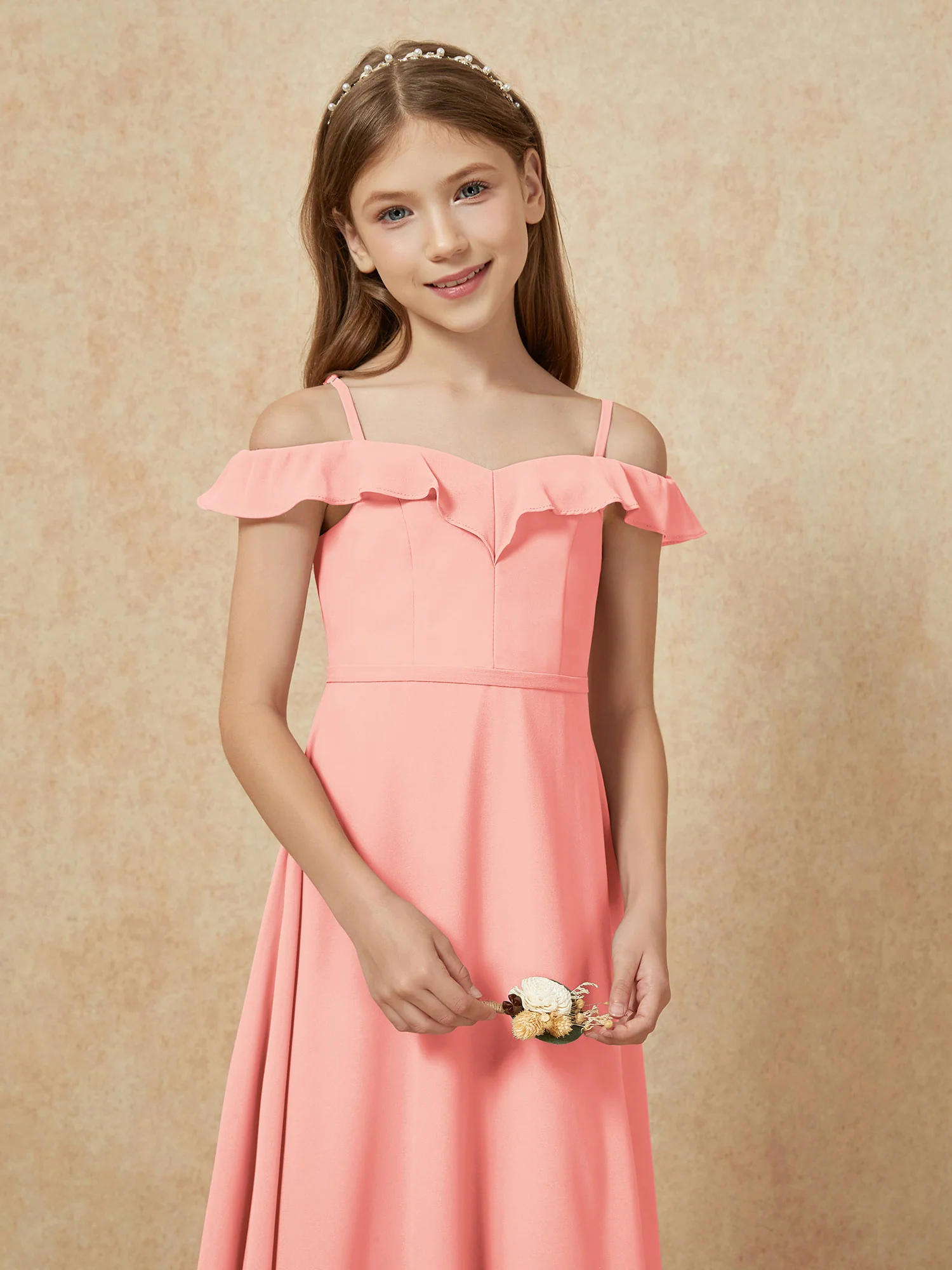 Off-the-shoulder A-Line Junior Bridesmaid Dresses Coral - Image 6