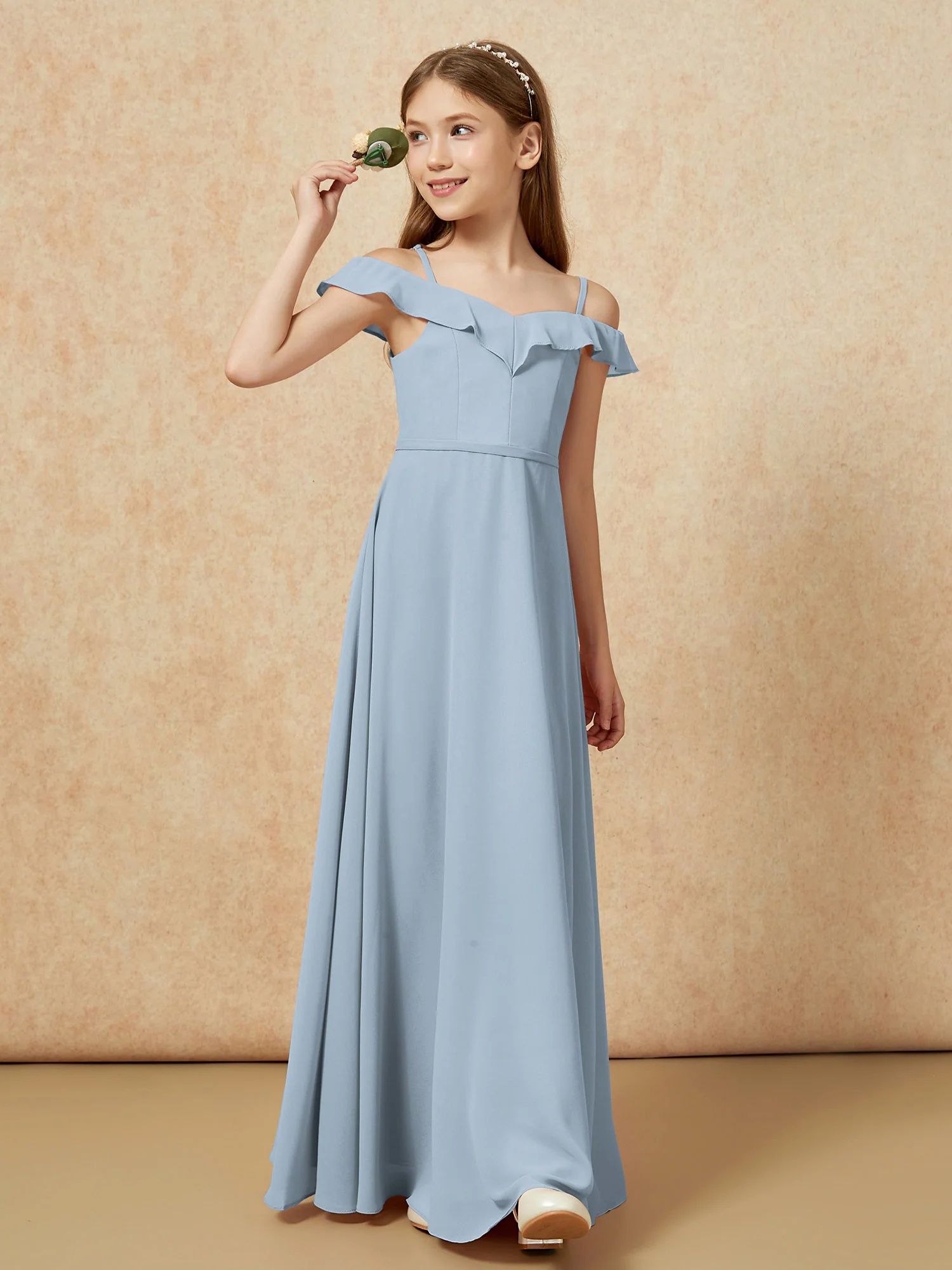 Off-the-shoulder A-Line Junior Bridesmaid Dresses Dusty Blue - Image 4