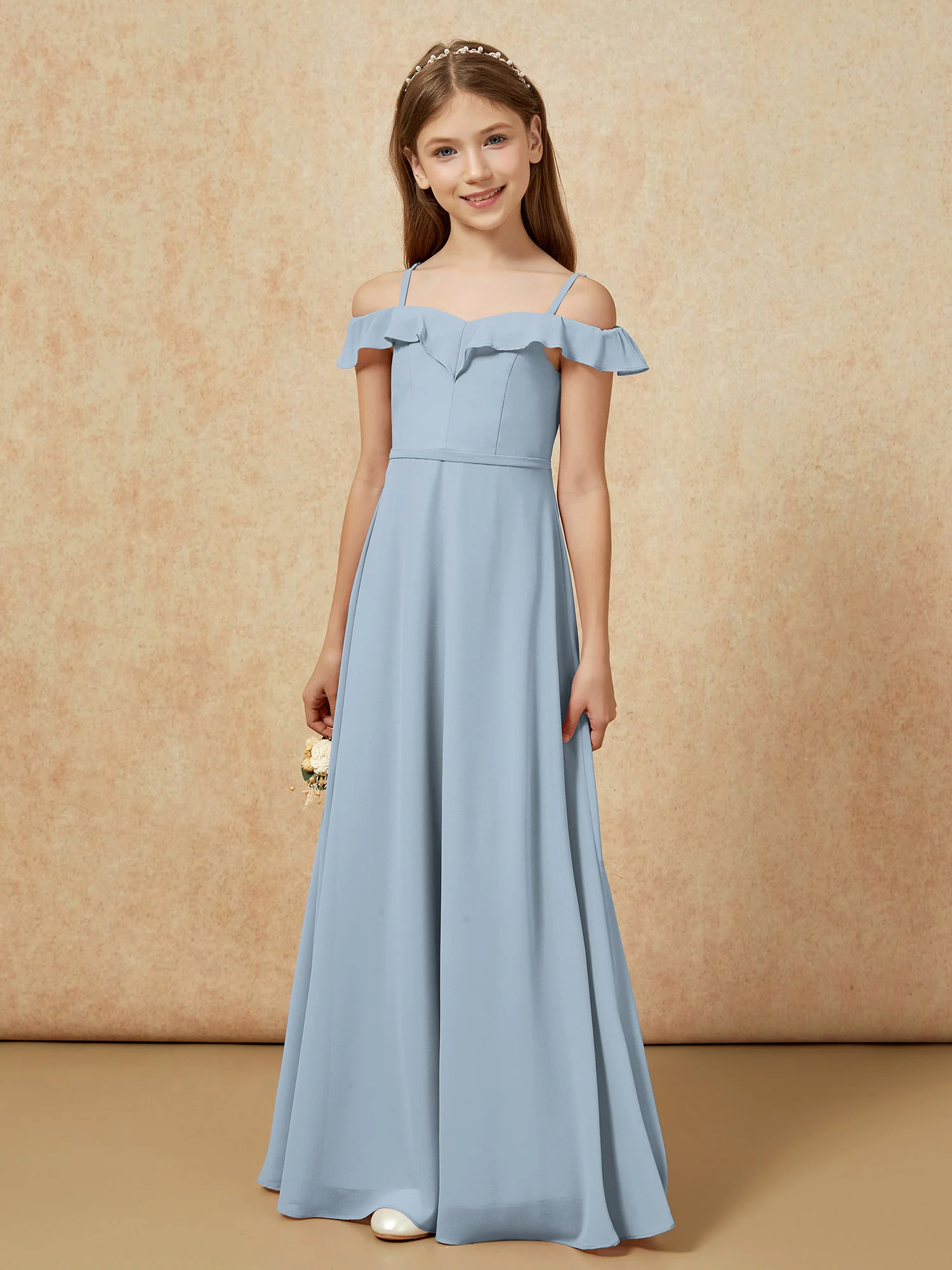 Off-the-shoulder A-Line Junior Bridesmaid Dresses Dusty Blue - Image 5