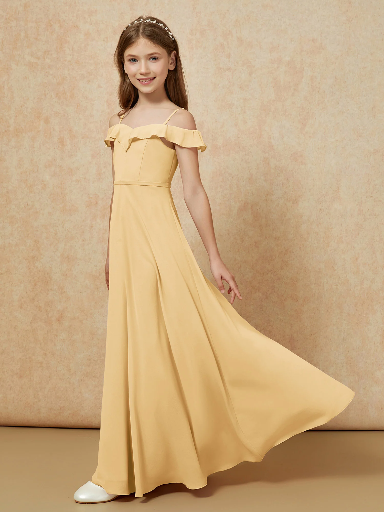 Off-the-shoulder A-Line Junior Bridesmaid Dresses Gold - Image 3