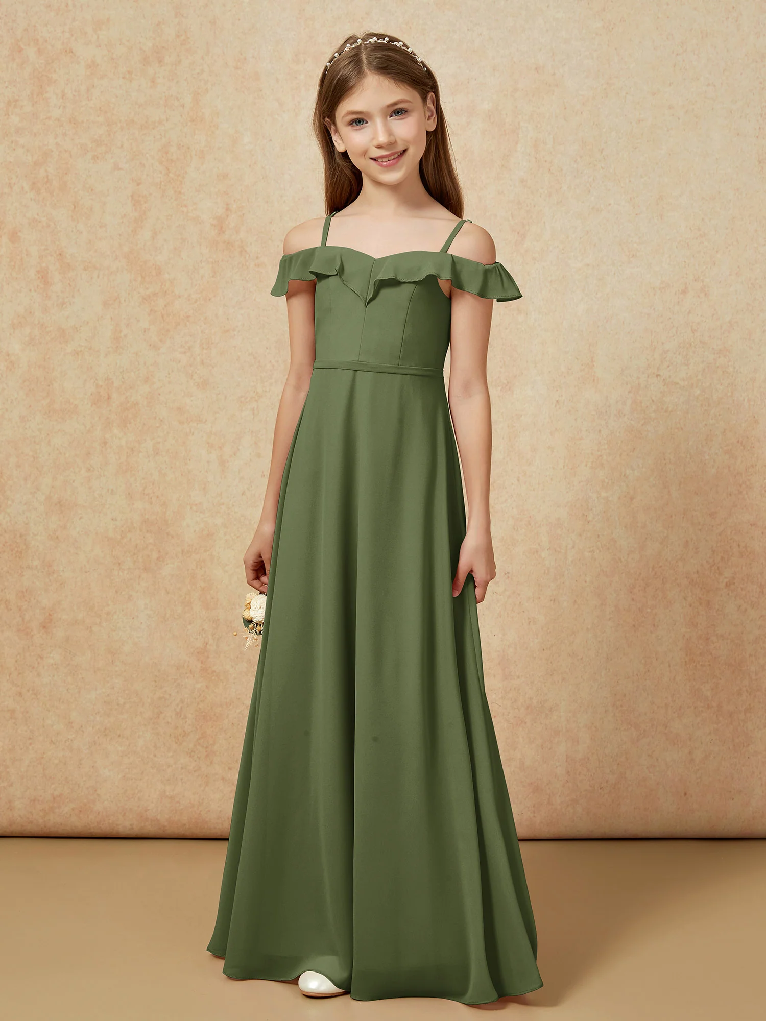 Off-the-shoulder A-Line Junior Bridesmaid Dresses Olive Green - Image 5