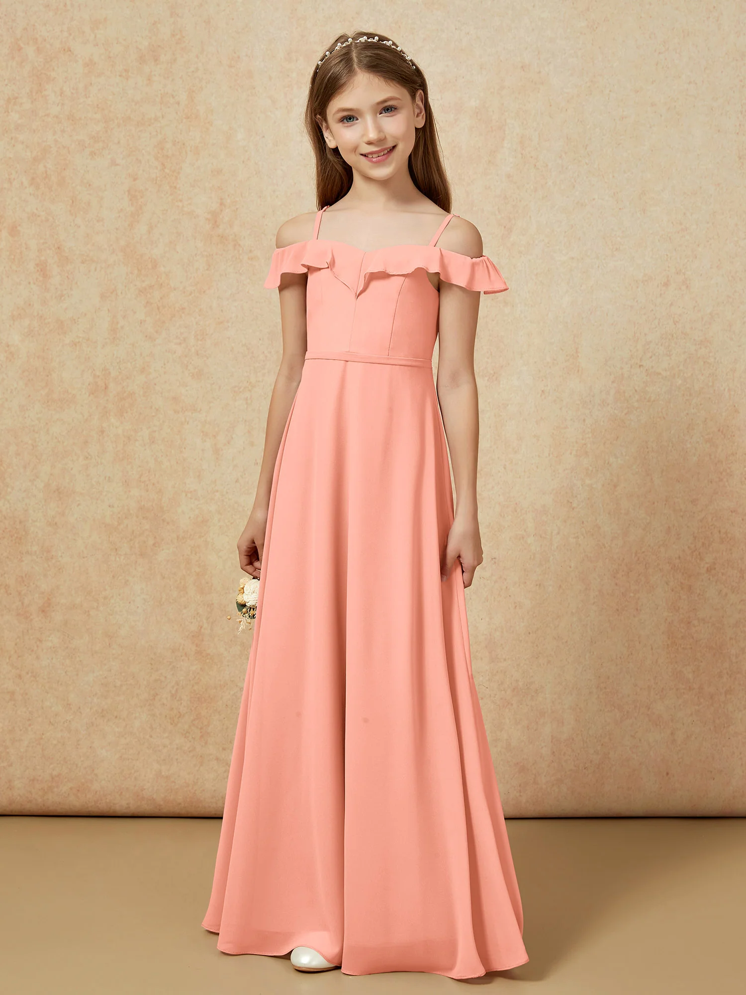 Off-the-shoulder A-Line Junior Bridesmaid Dresses Papaya - Image 5