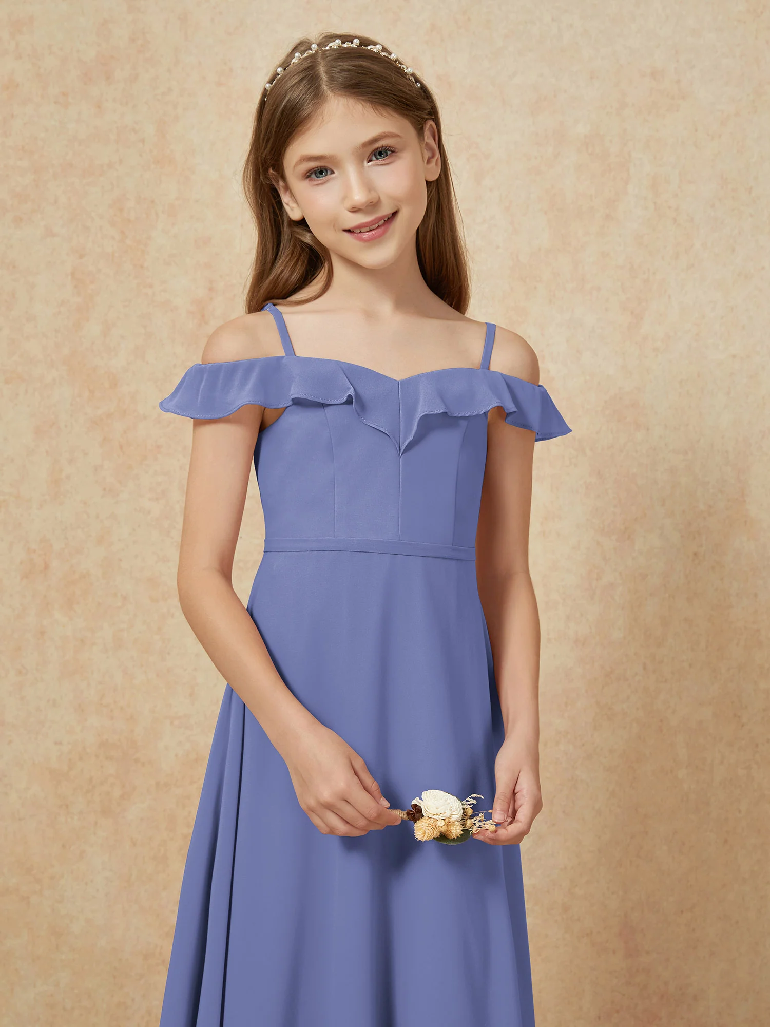 Off-the-shoulder A-Line Junior Bridesmaid Dresses Periwinkle - Image 6