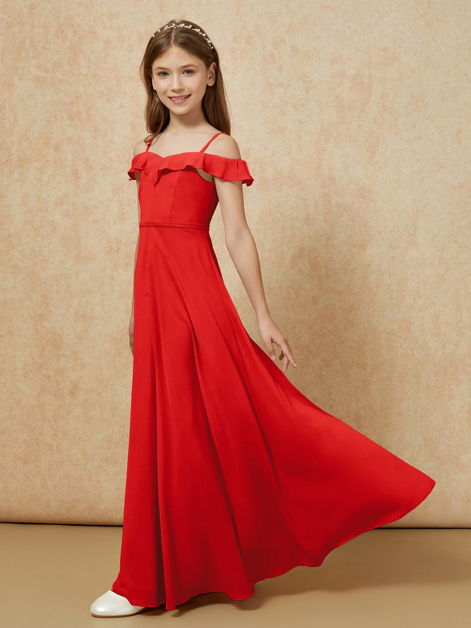 Off-the-shoulder A-Line Junior Bridesmaid Dresses Red - Image 3
