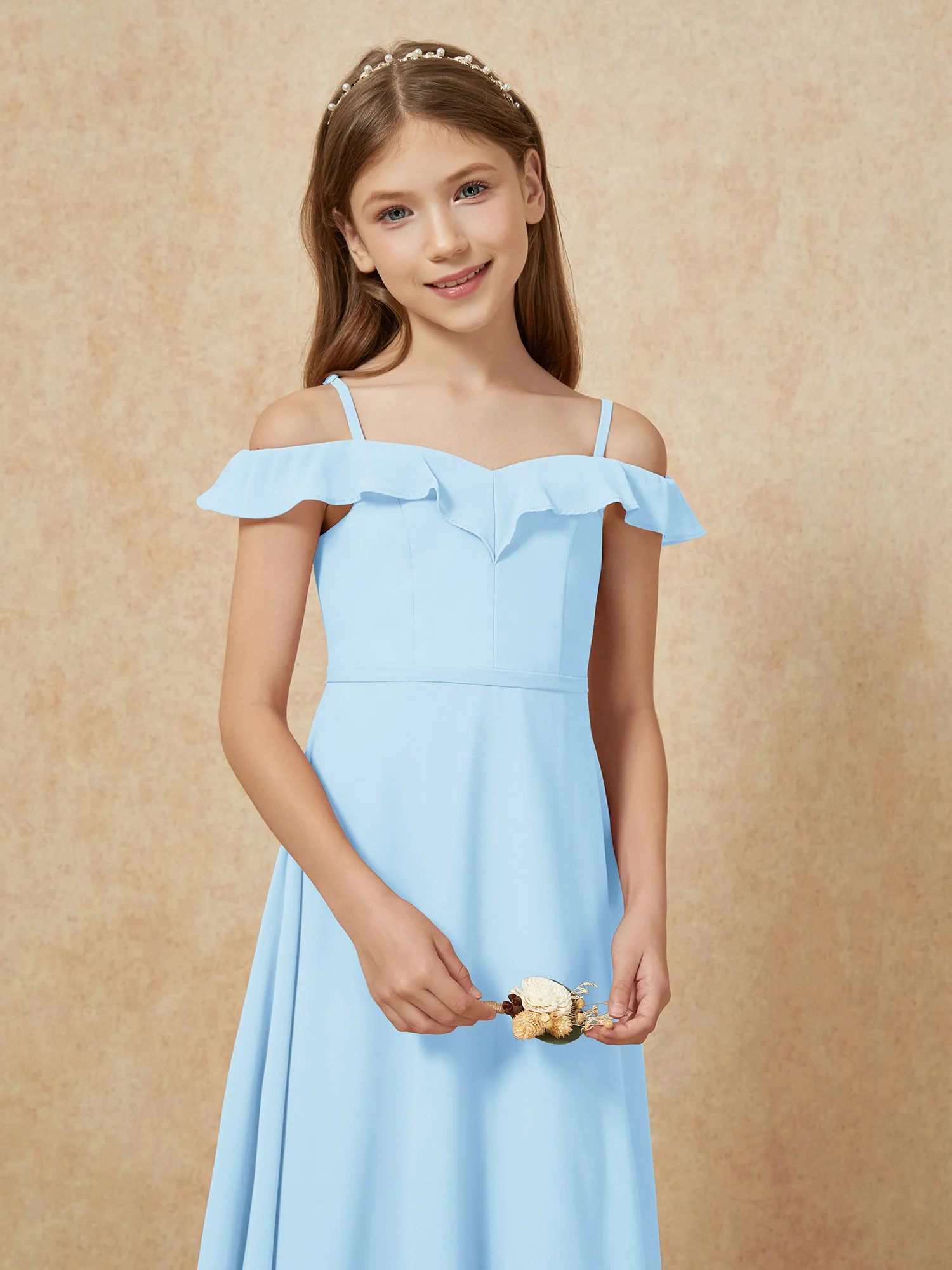 Off-the-shoulder A-Line Junior Bridesmaid Dresses Sky Blue - Image 6