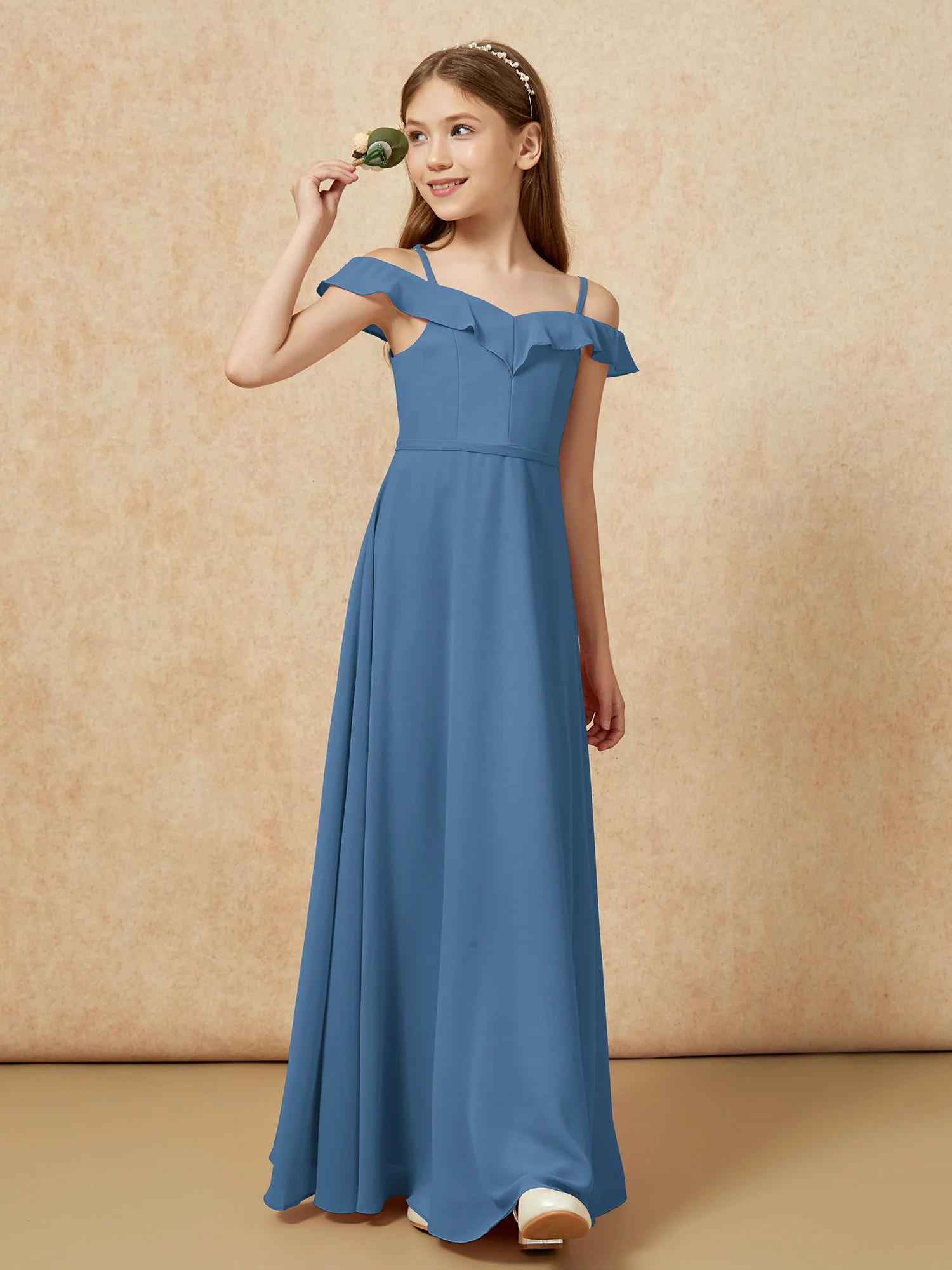 Off-the-shoulder A-Line Junior Bridesmaid Dresses Slate Blue - Image 4