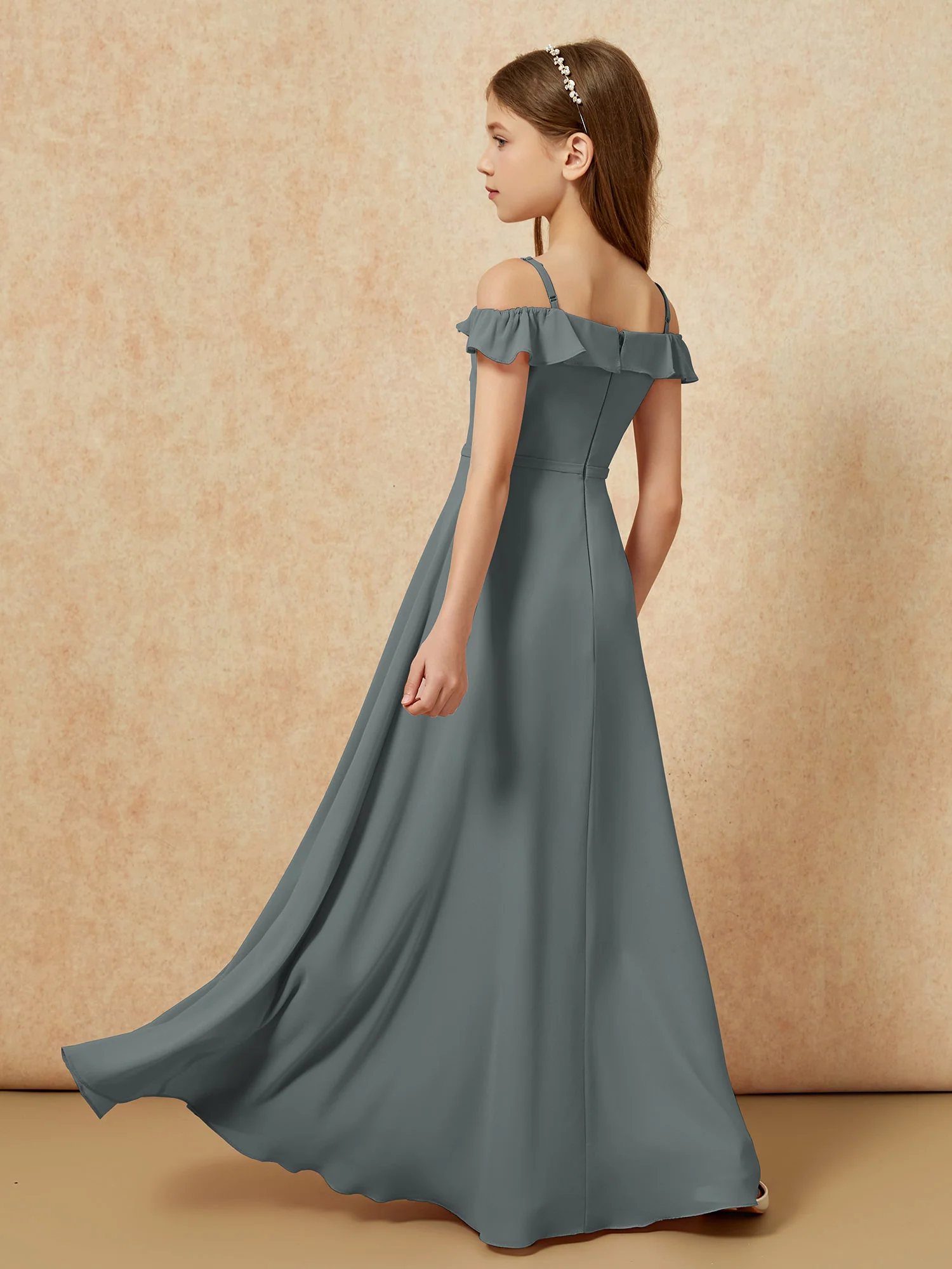 Off-the-shoulder A-Line Junior Bridesmaid Dresses Steel Grey - Image 2