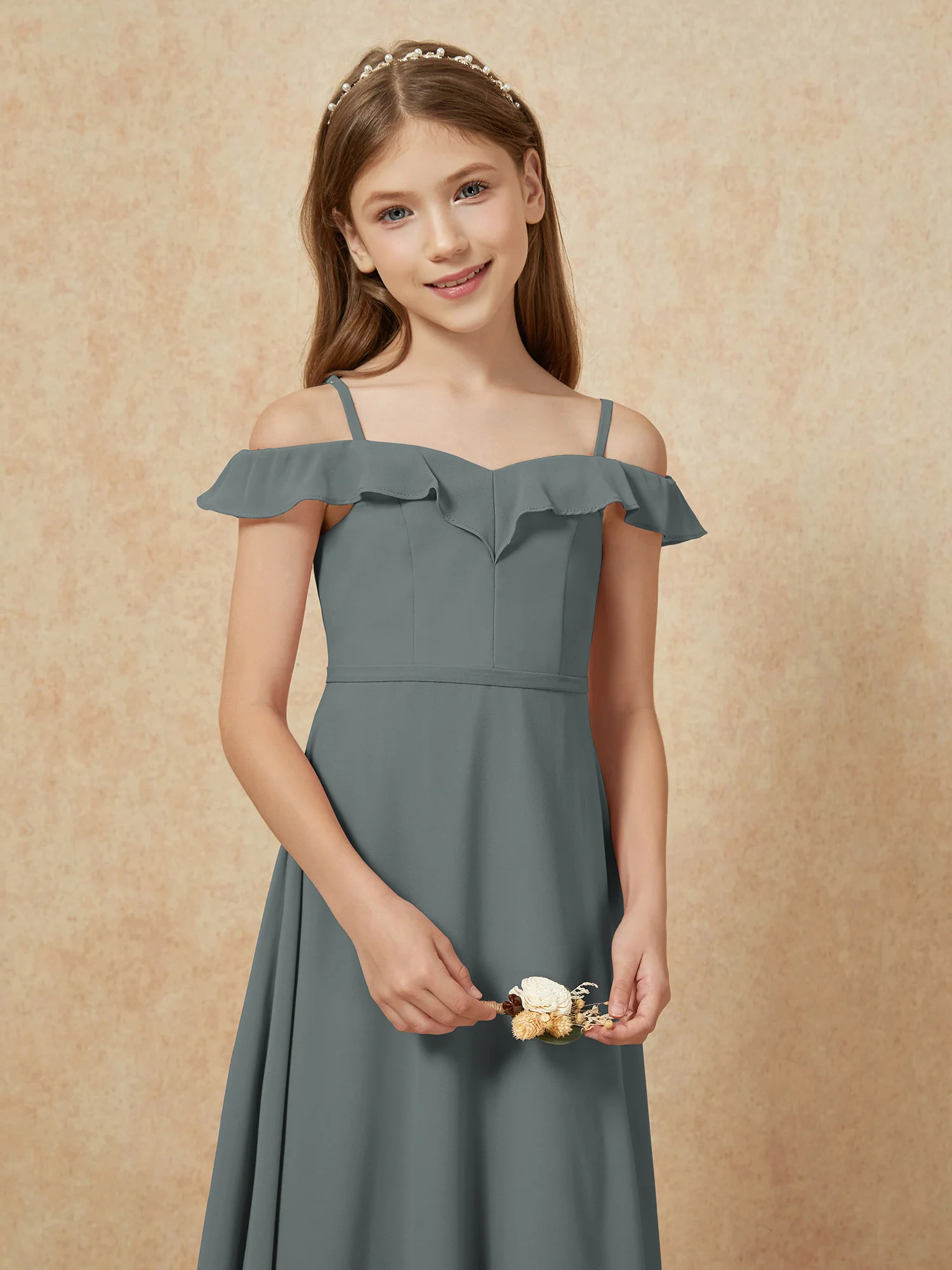 Off-the-shoulder A-Line Junior Bridesmaid Dresses Steel Grey - Image 6