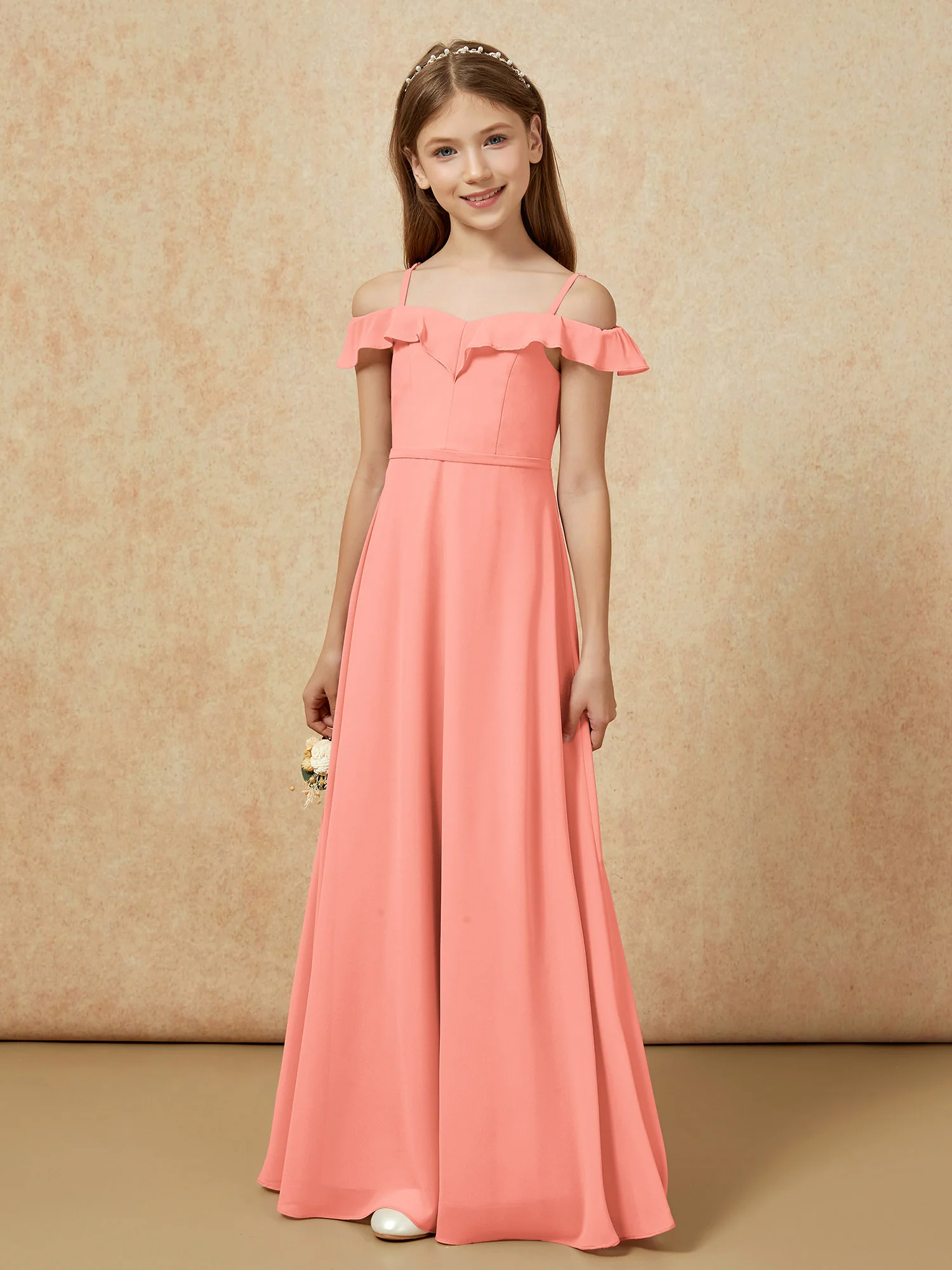 Off-the-shoulder A-Line Junior Bridesmaid Dresses Sunset - Image 5