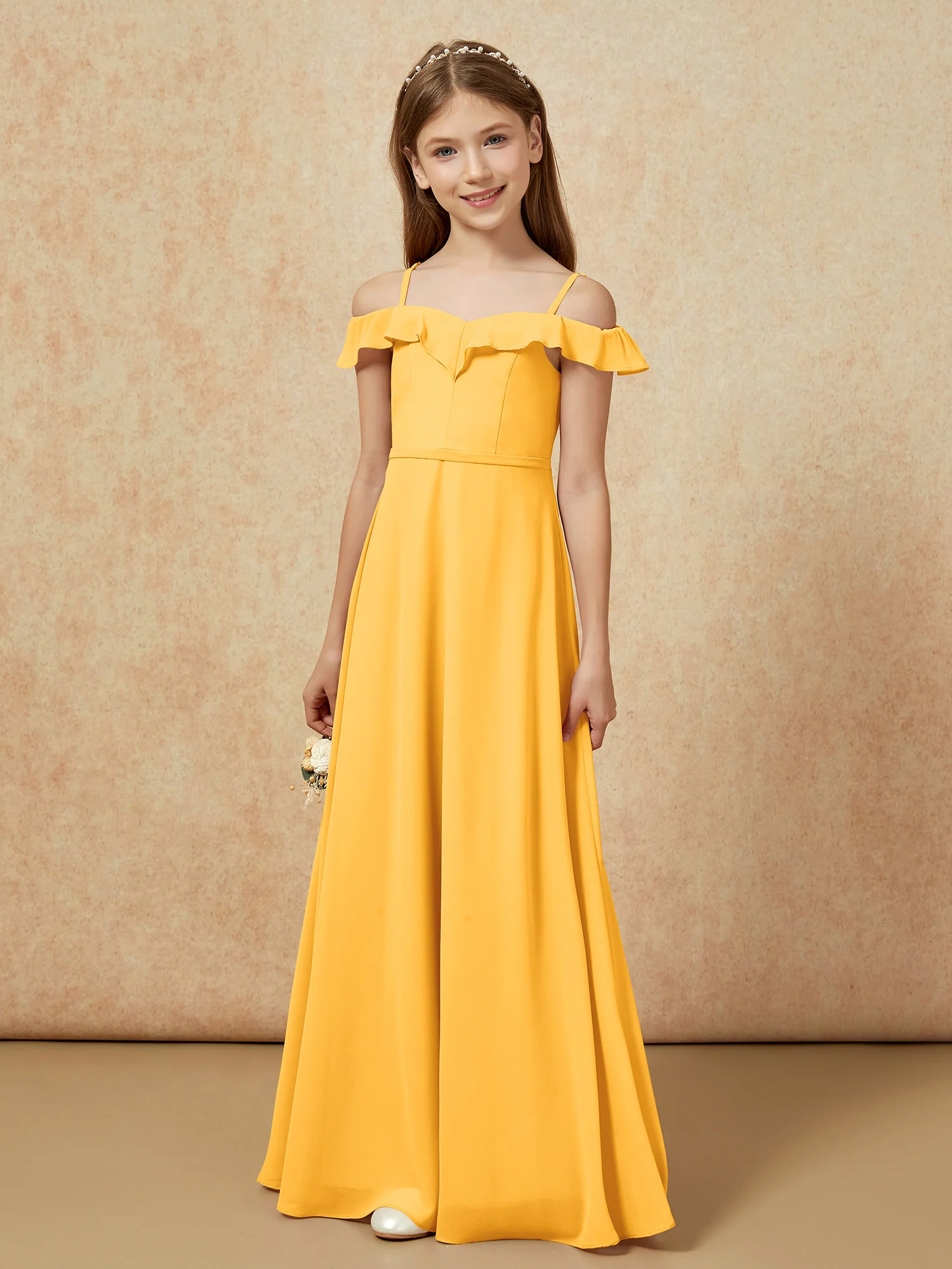 Off-the-shoulder A-Line Junior Bridesmaid Dresses Tangerine - Image 5