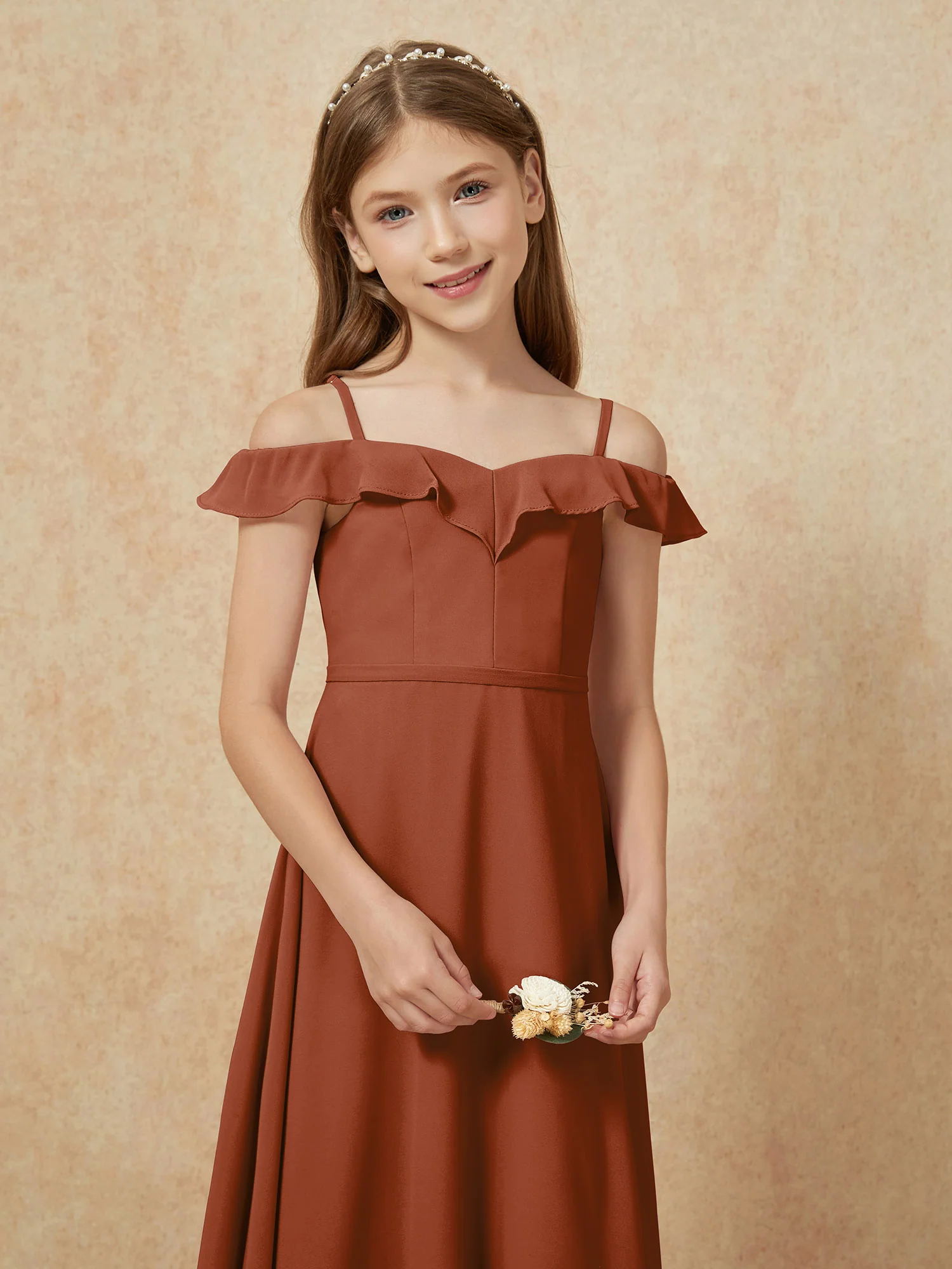 Off-the-shoulder A-Line Junior Bridesmaid Dresses Terracotta - Image 6