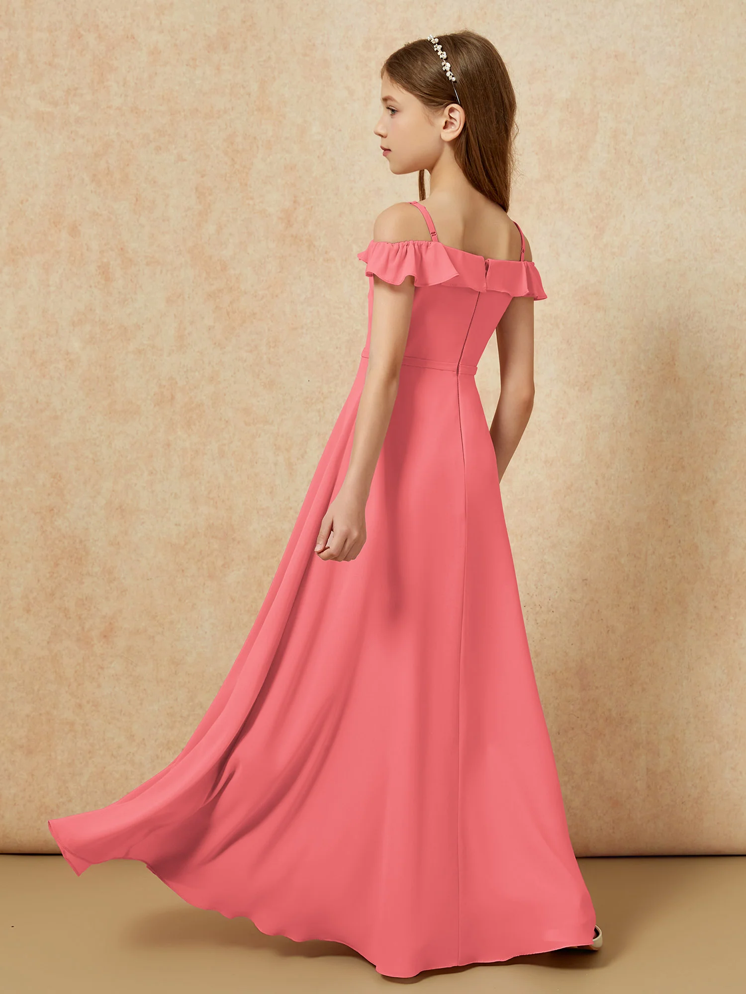 Off-the-shoulder A-Line Junior Bridesmaid Dresses Watermelon - Image 2