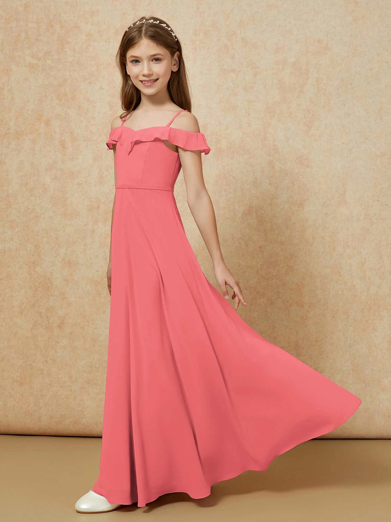 Off-the-shoulder A-Line Junior Bridesmaid Dresses Watermelon - Image 3