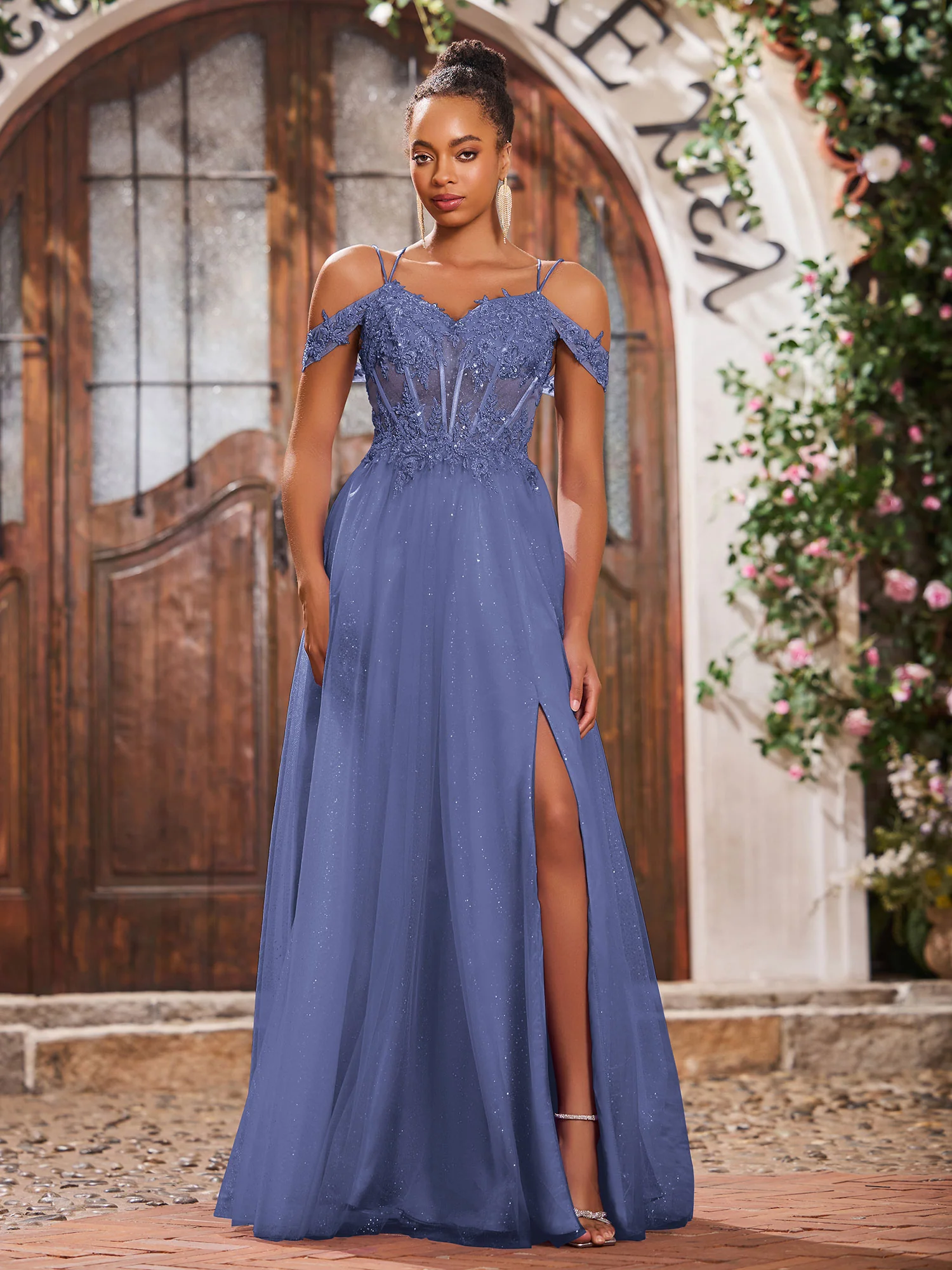 Off-The-Shoulder Beaded Appliqued Maxi Dresses with Slit Periwinkle - Image 3