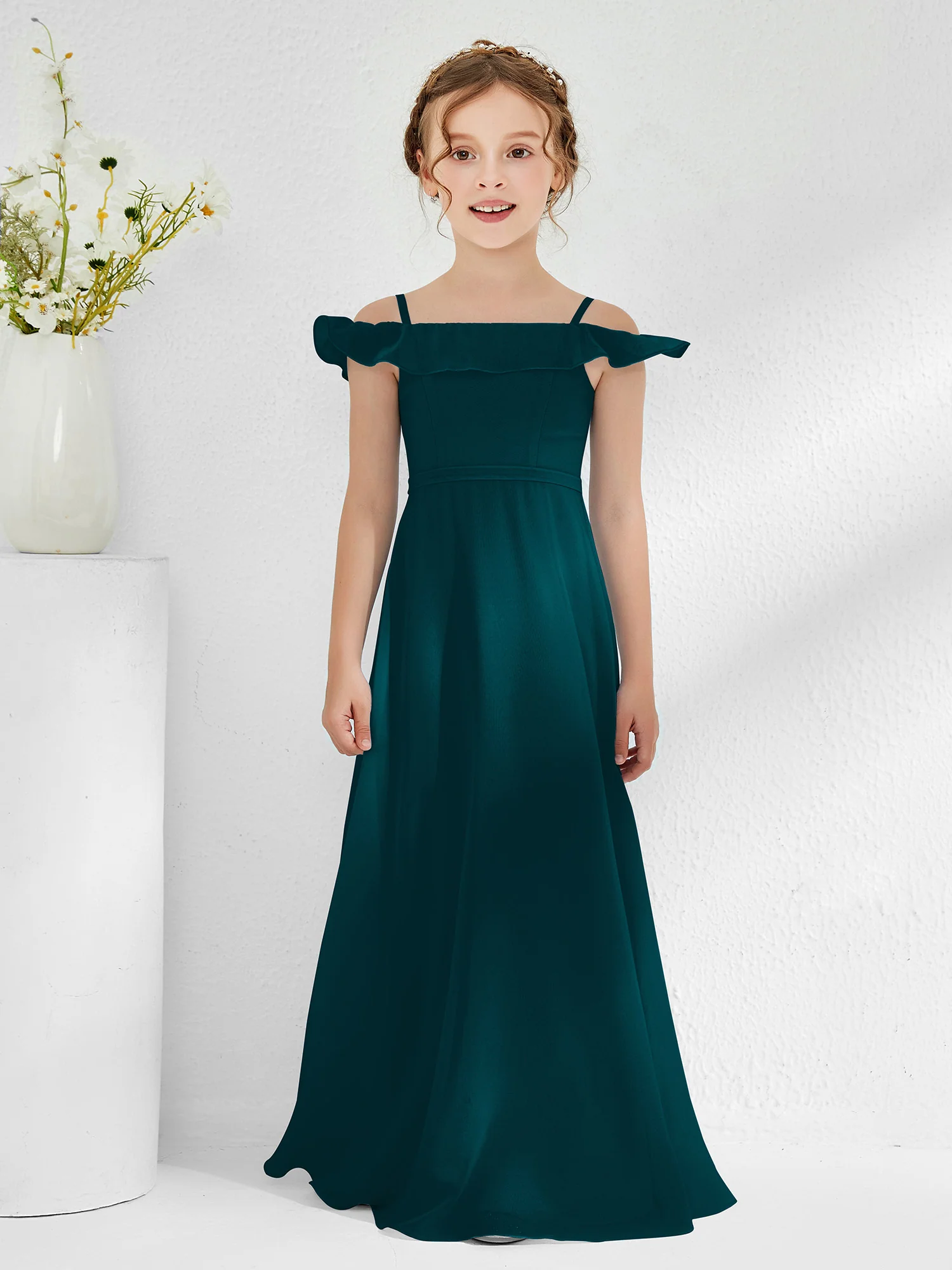 Off-the-shoulder Chiffon A-line Junior Bridesmaid Dresses Pine