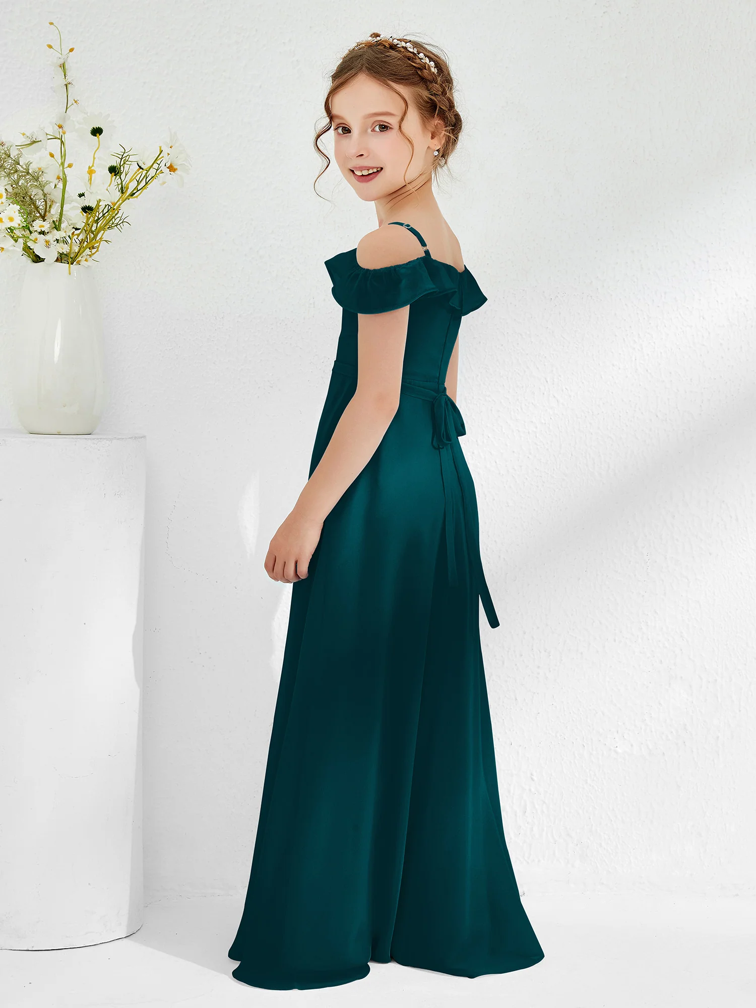Off-the-shoulder Chiffon A-line Junior Bridesmaid Dresses Pine - Image 2