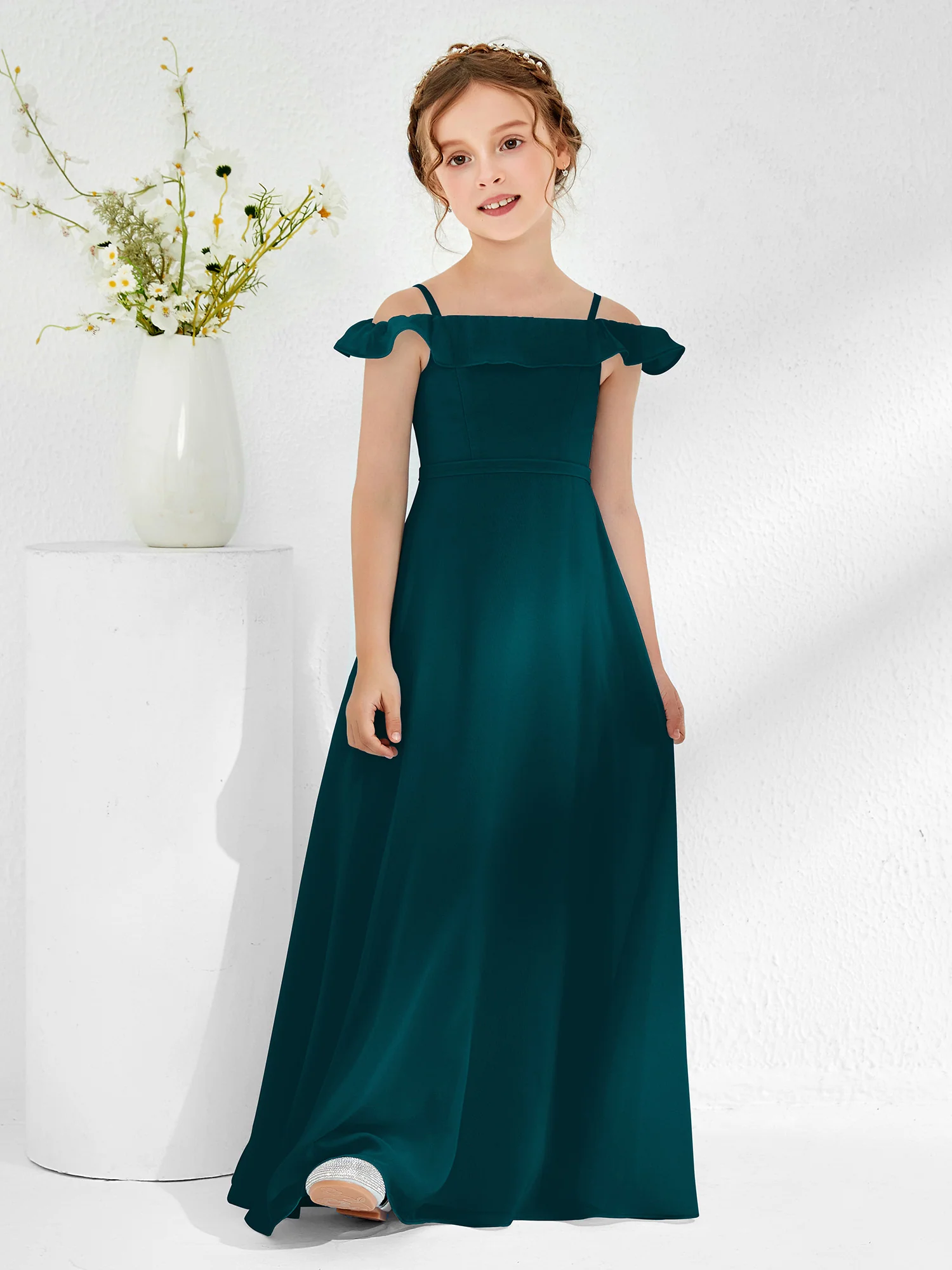 Off-the-shoulder Chiffon A-line Junior Bridesmaid Dresses Pine - Image 3