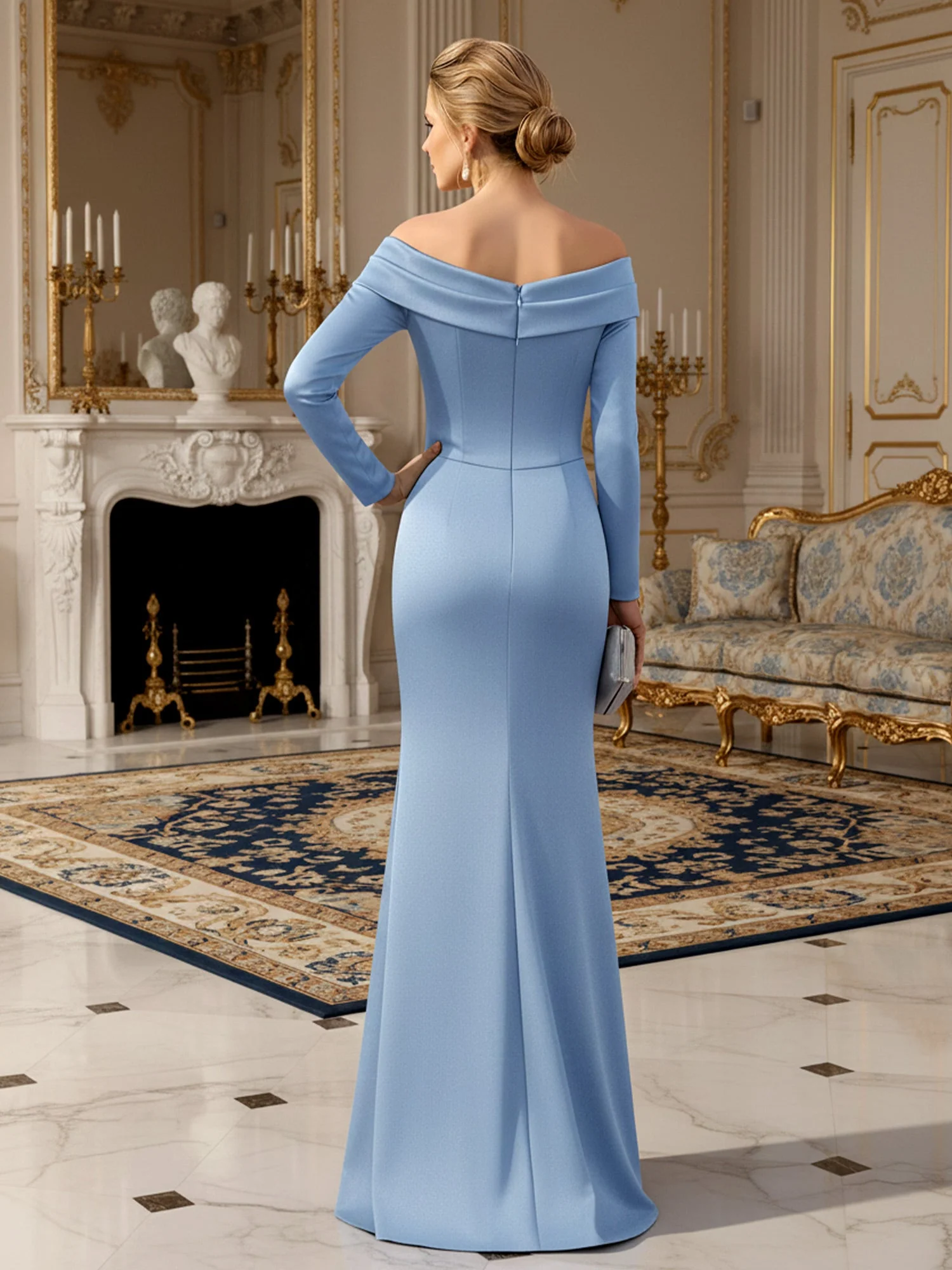 Off-the-shoulder Long Sleeve Pleated Bodycon Dress Dark Navy - Image 2
