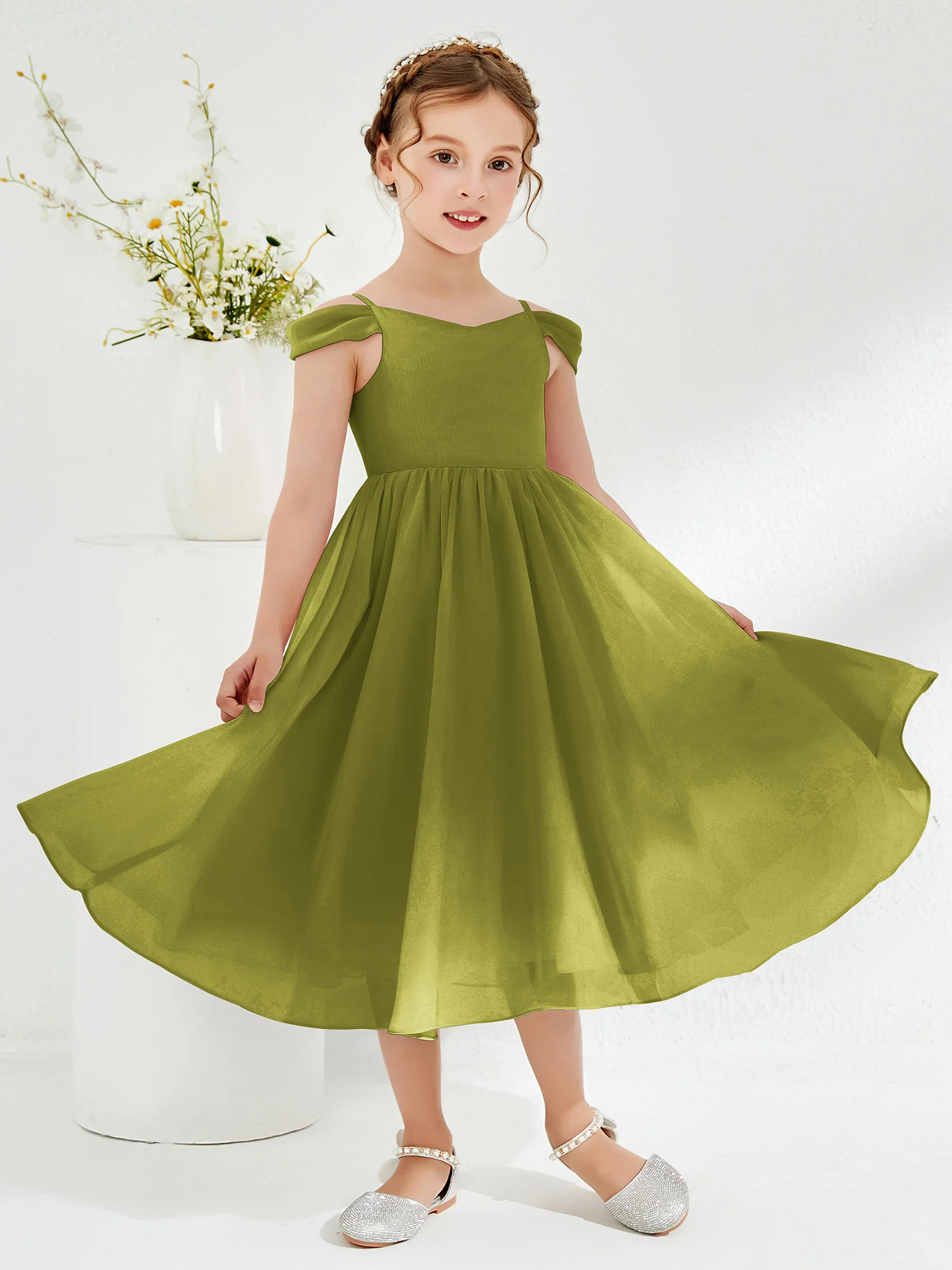Off-the-shoulder Pleated Girl's Dress Clover - Image 3