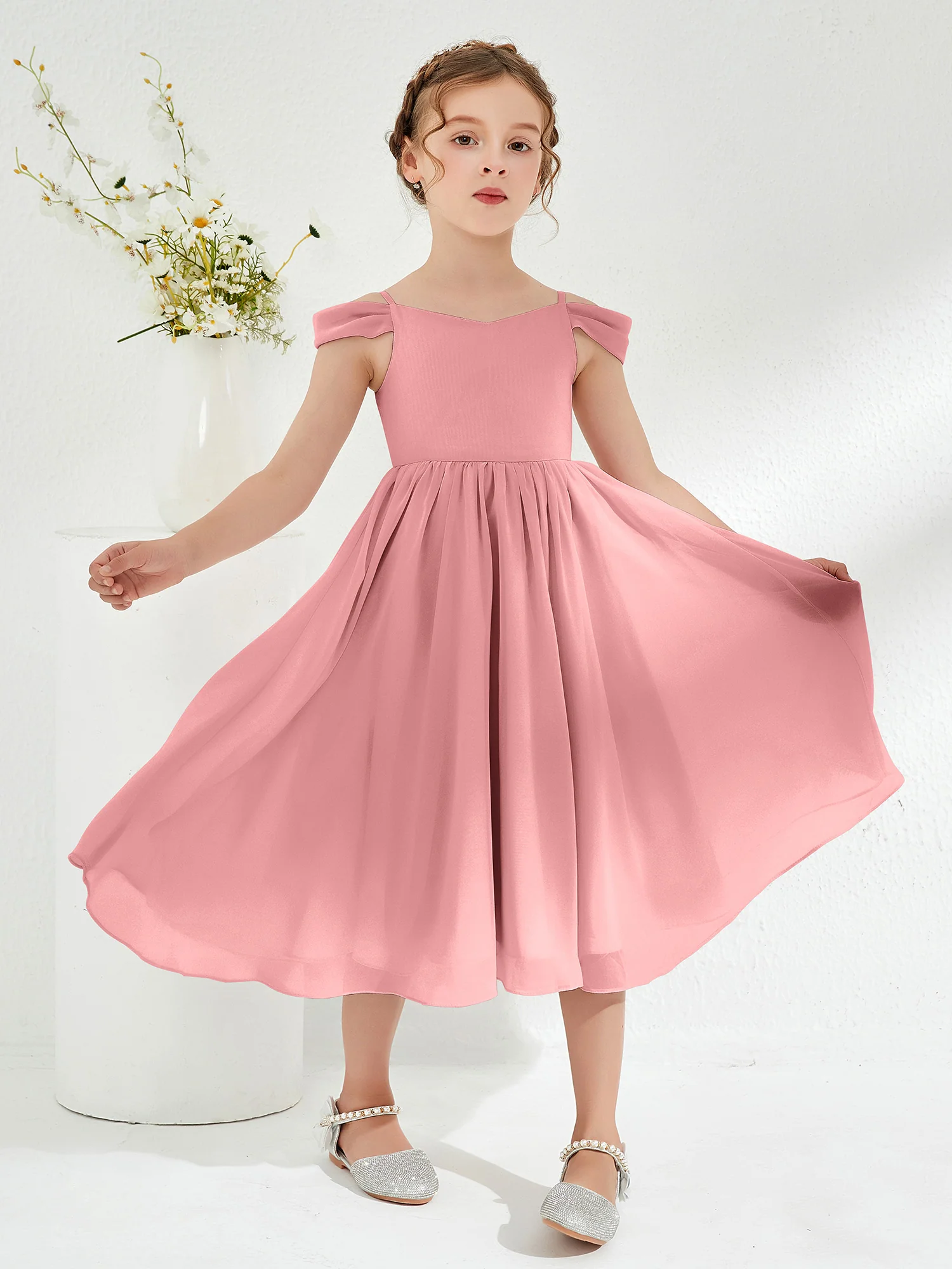 Off-the-shoulder Pleated Girl's Dress Flamingo