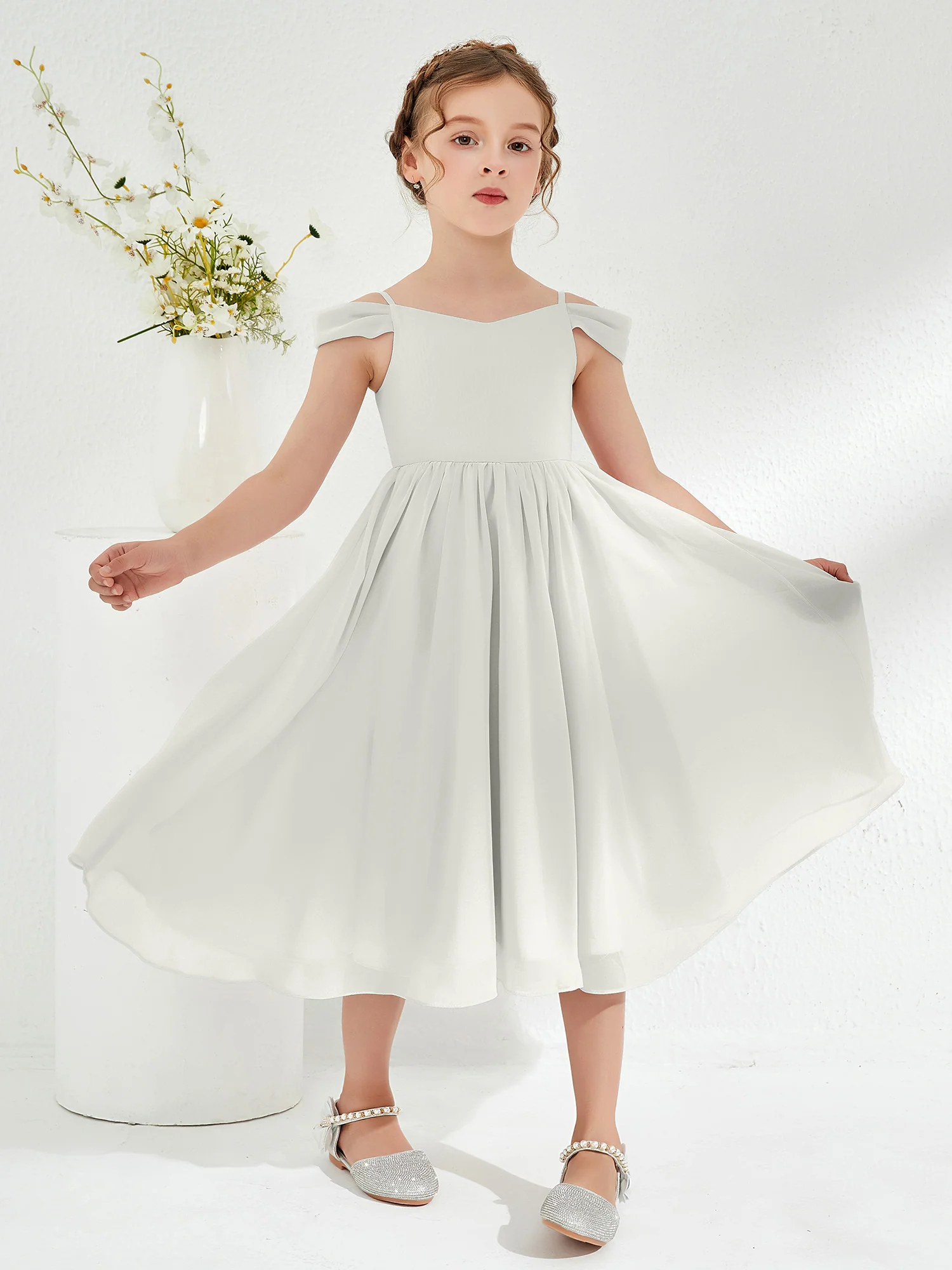 Off-the-shoulder Pleated Girl's Dress Ivory